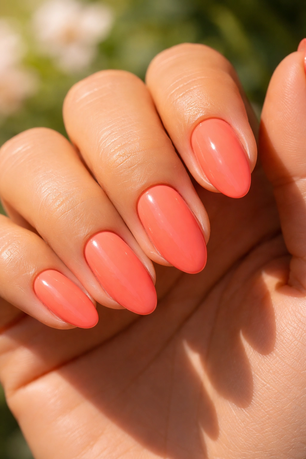Close-up of coral nails on olive skin.
