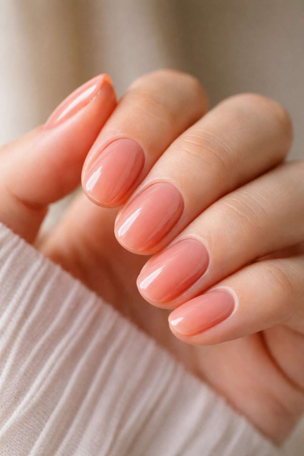 Short oval nails with sheer coral tint and jelly finish