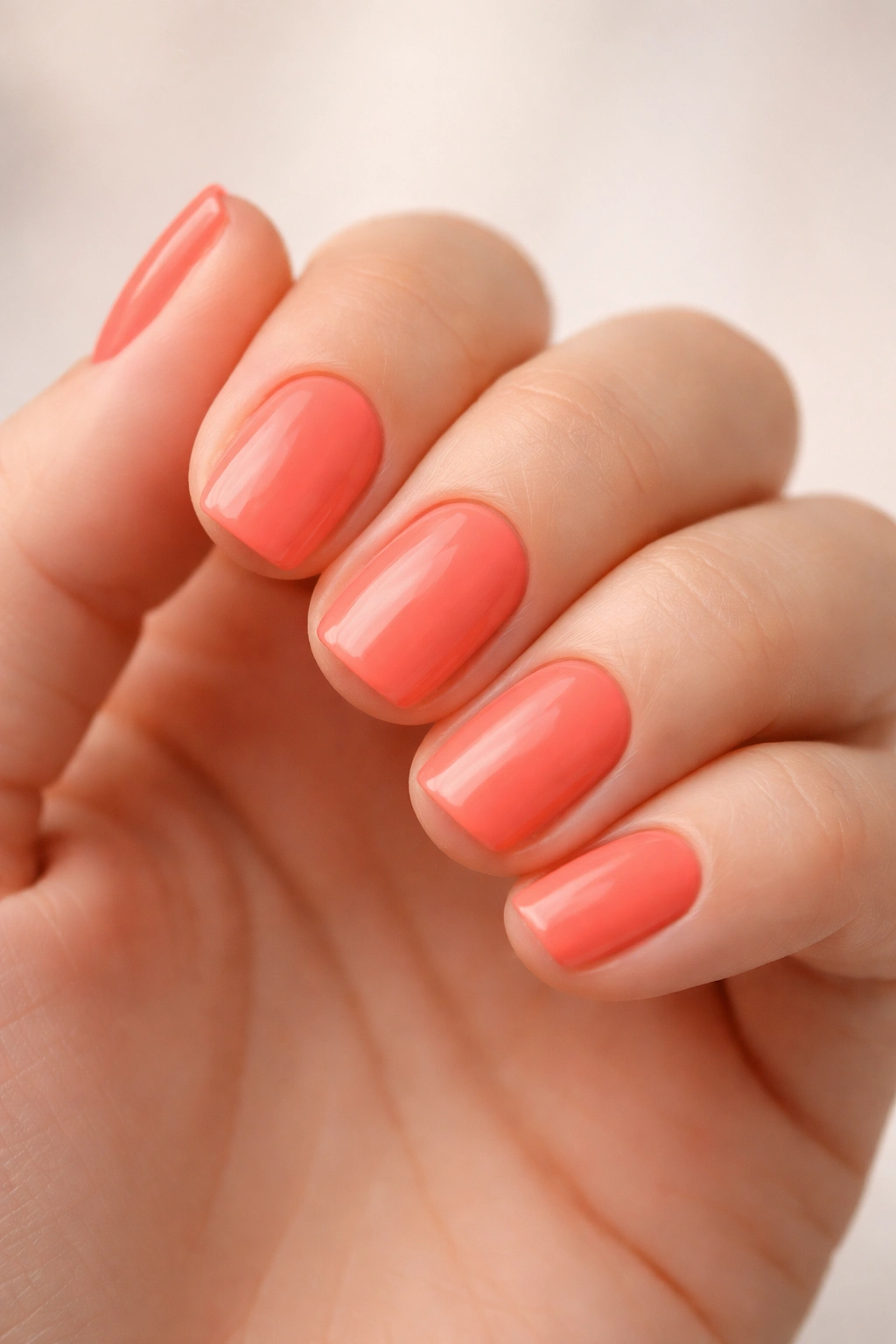 Close-up of short coral nails with smooth skin and neutral backdrop
