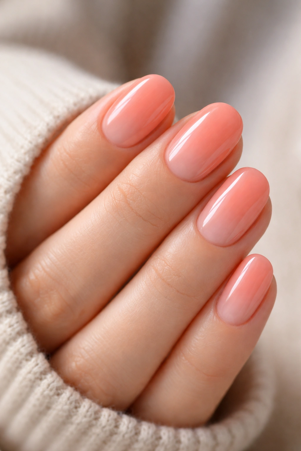 Close-up of short oval nails with coral tint in natural light