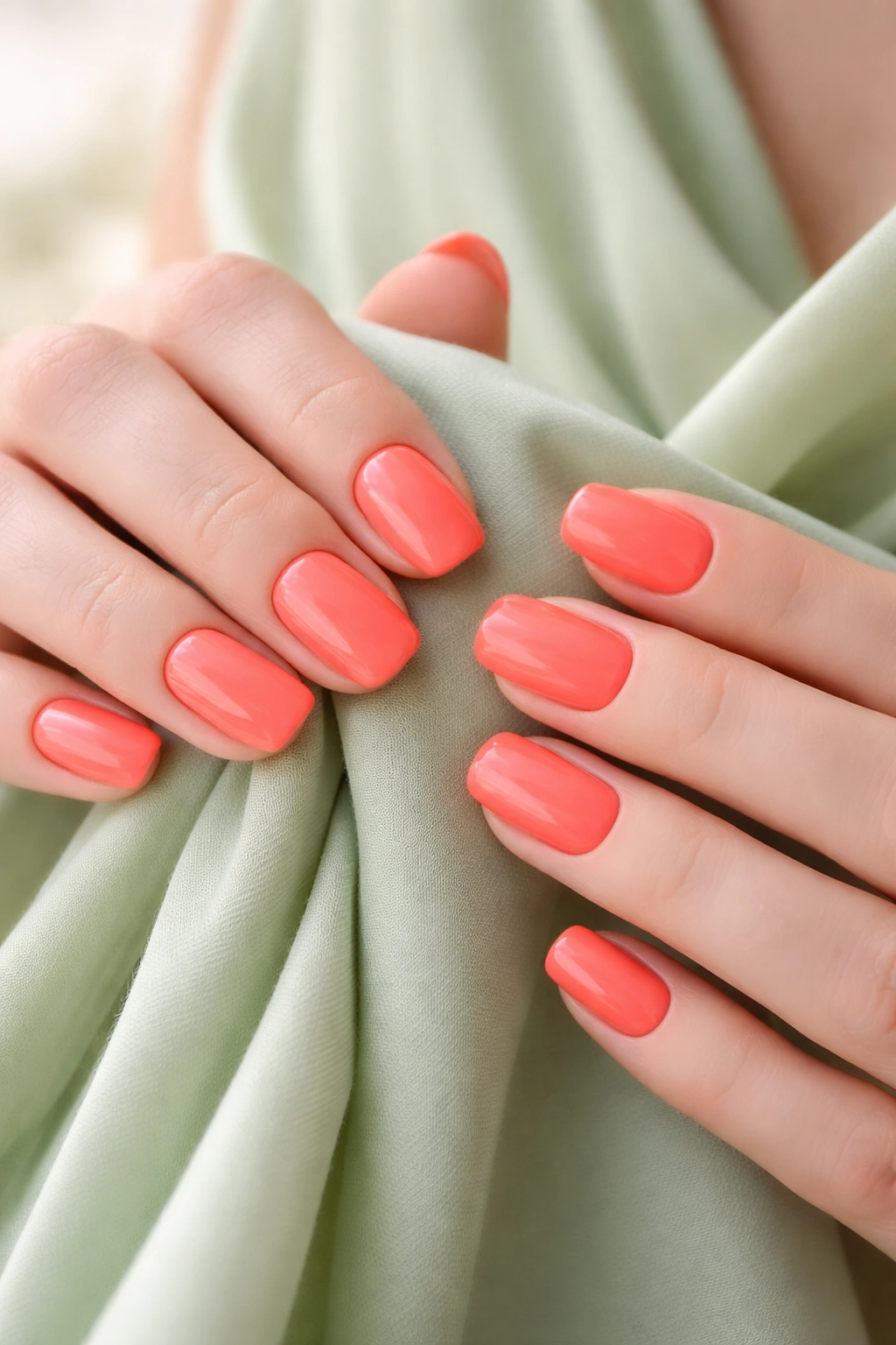 Close-up of coral nails on hands with a neutral background