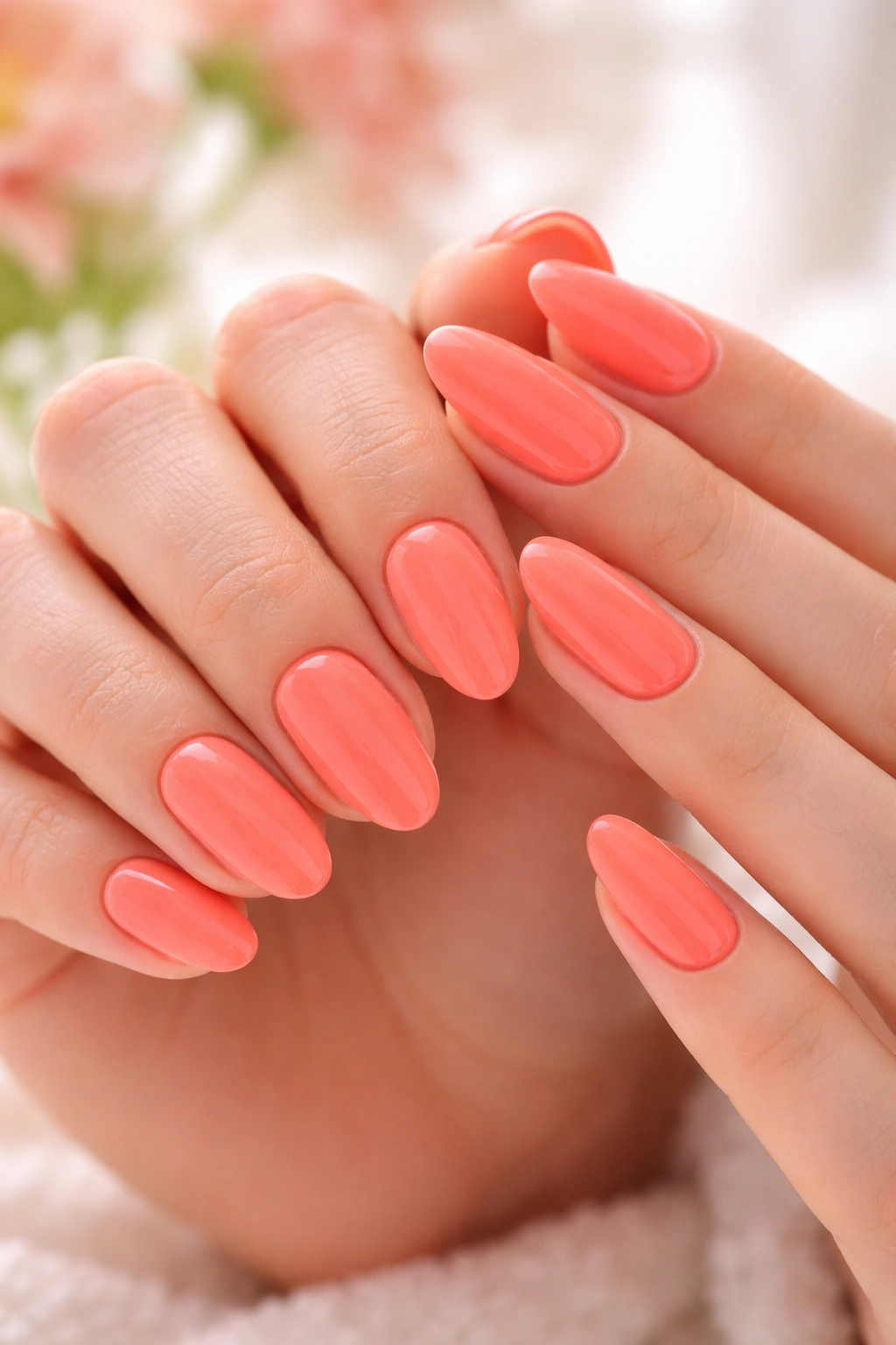 Close-up of coral nails with warm pink-orange hue on fingertips