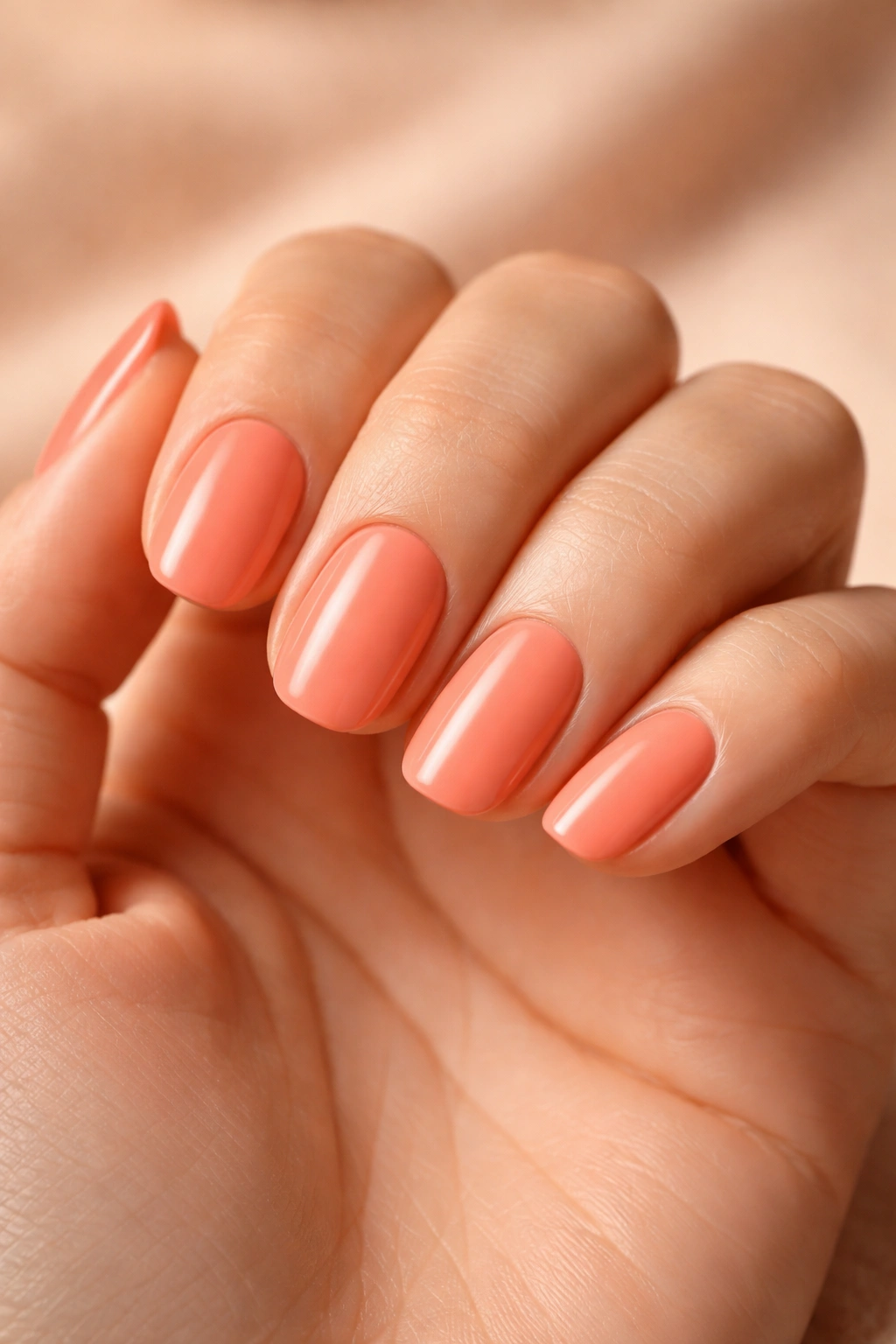 Hand with soft coral nails on warm-toned skin