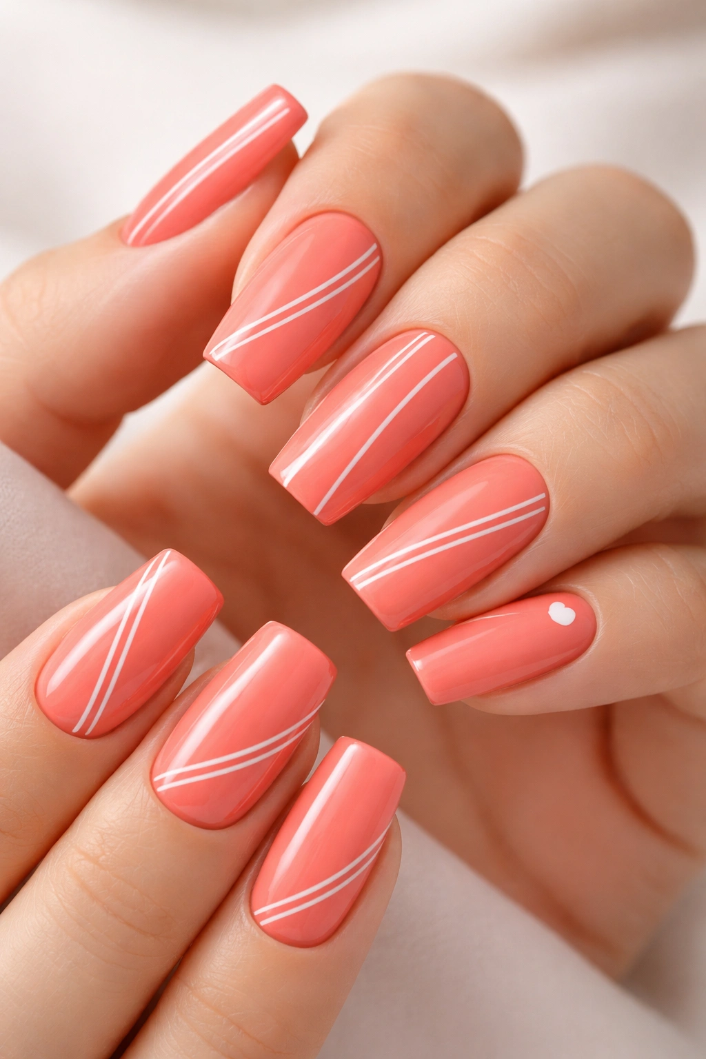 Close-up of coral nails with thin white stripes on long squoval shapes