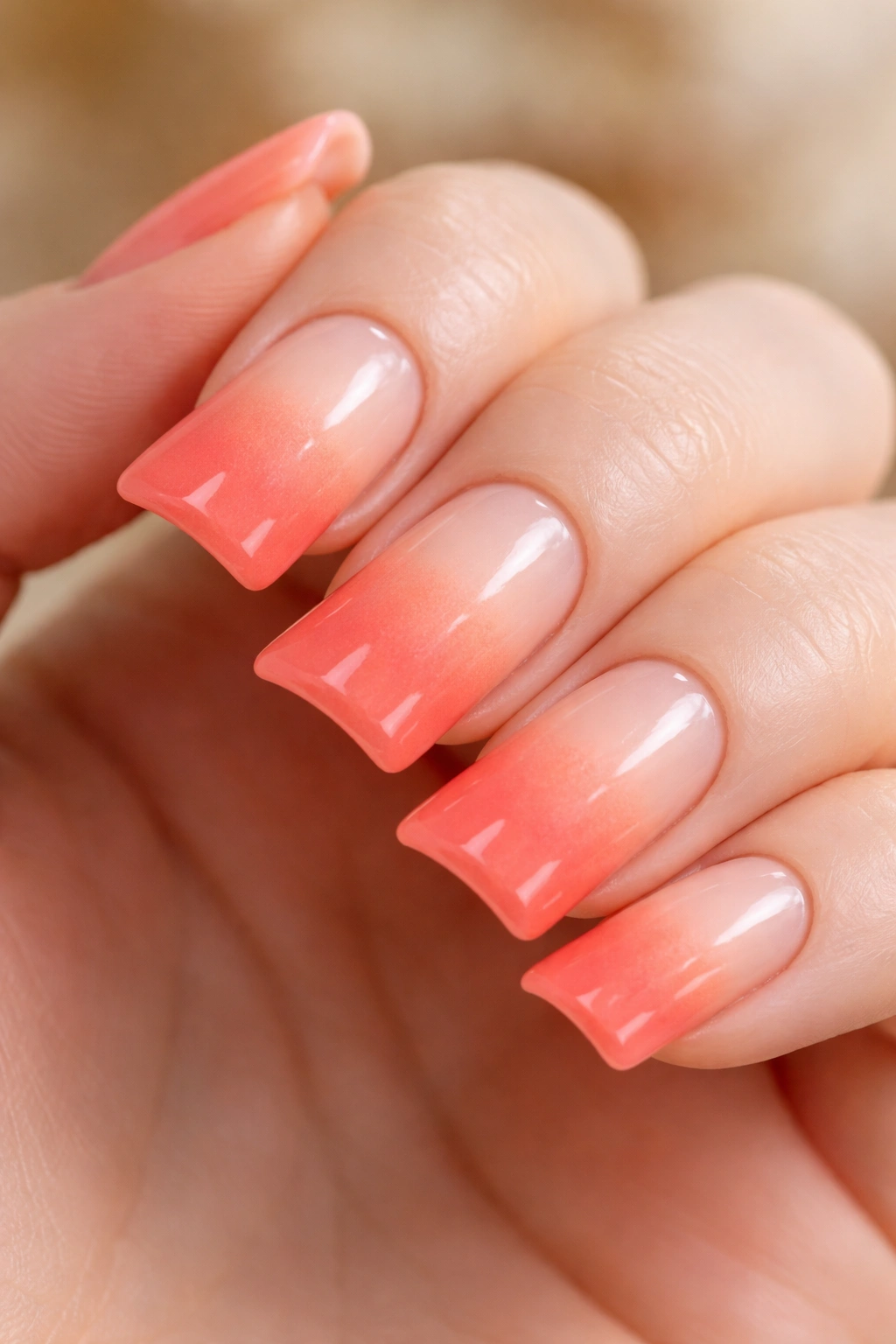 Nails with coral ombre and duck tip on short nails