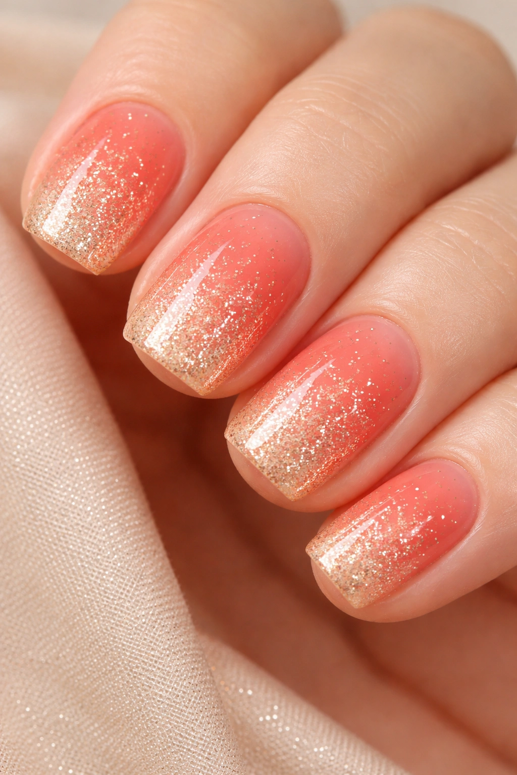 Close-up of short squoval nails with coral-to-nude glitter gradient