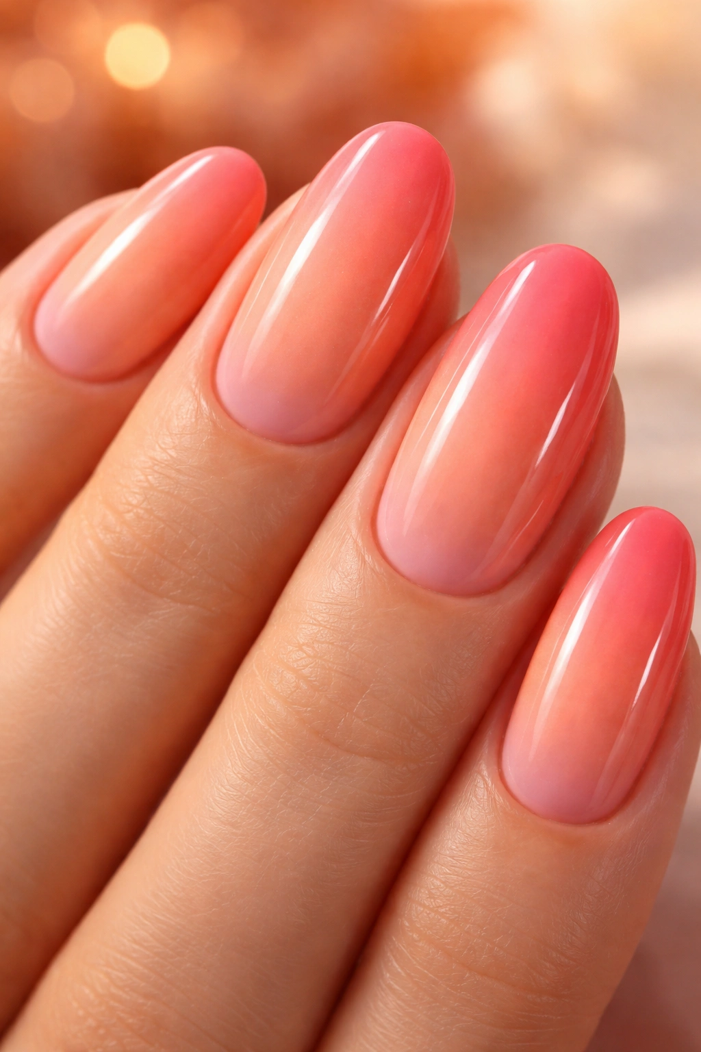 Close-up of coral ombre oval nails with a peach-to-pink gradient