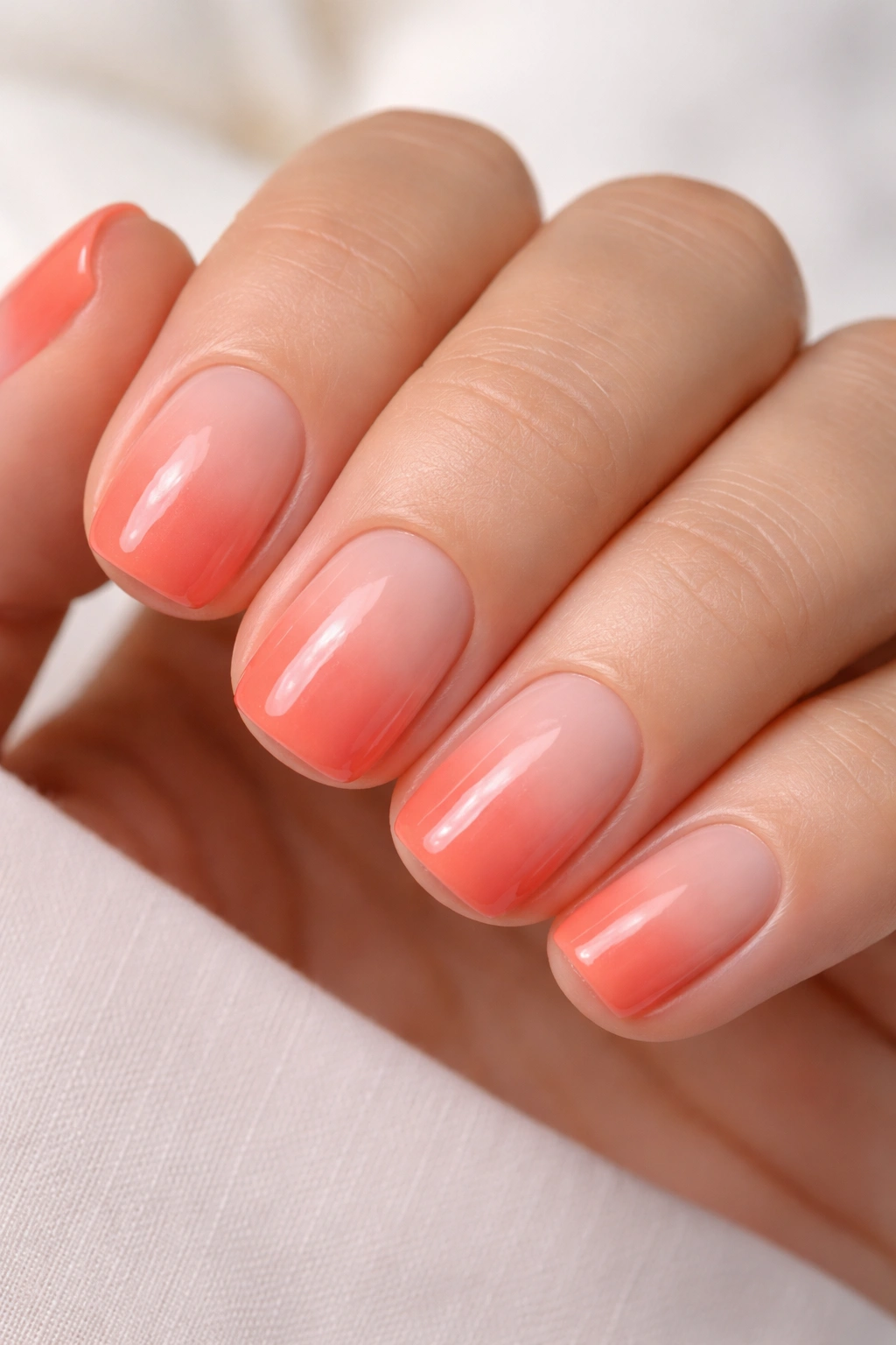 Close-up of short squoval nails with coral to nude ombré gradient.