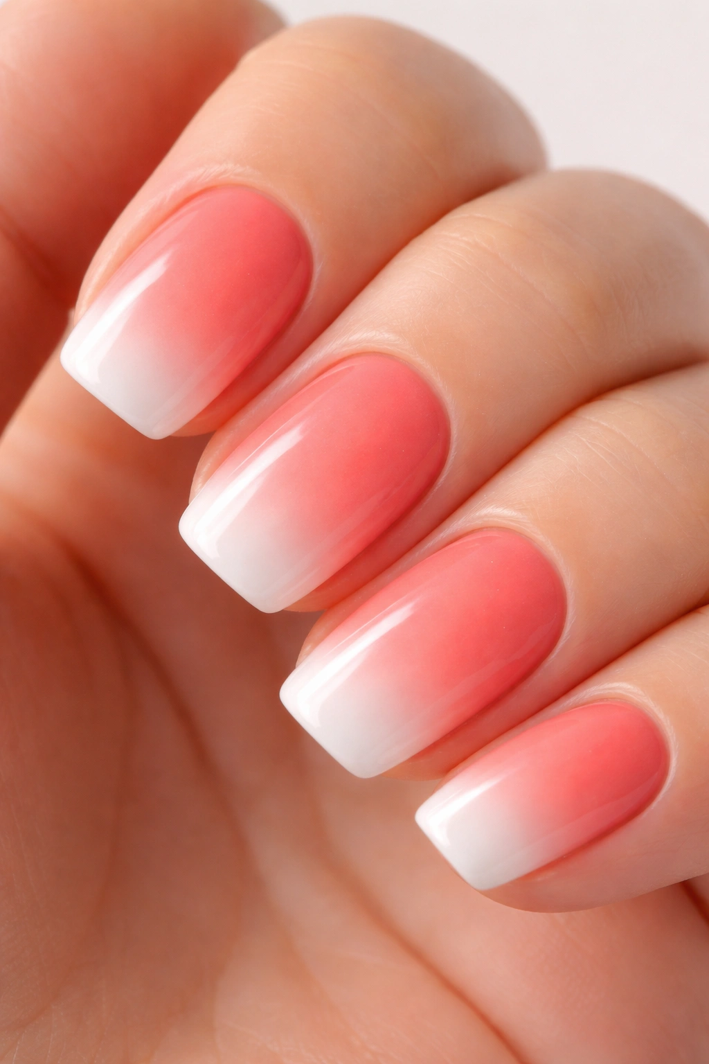 Short squoval nails with coral to white ombre on a neutral backdrop