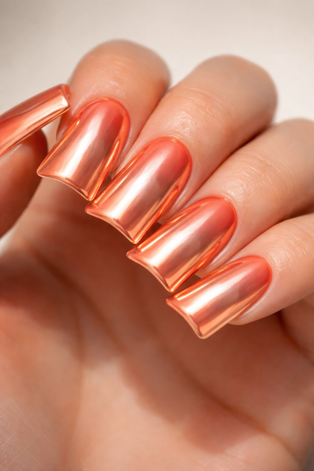 Close-up of coral-orange duck nails with chrome finish