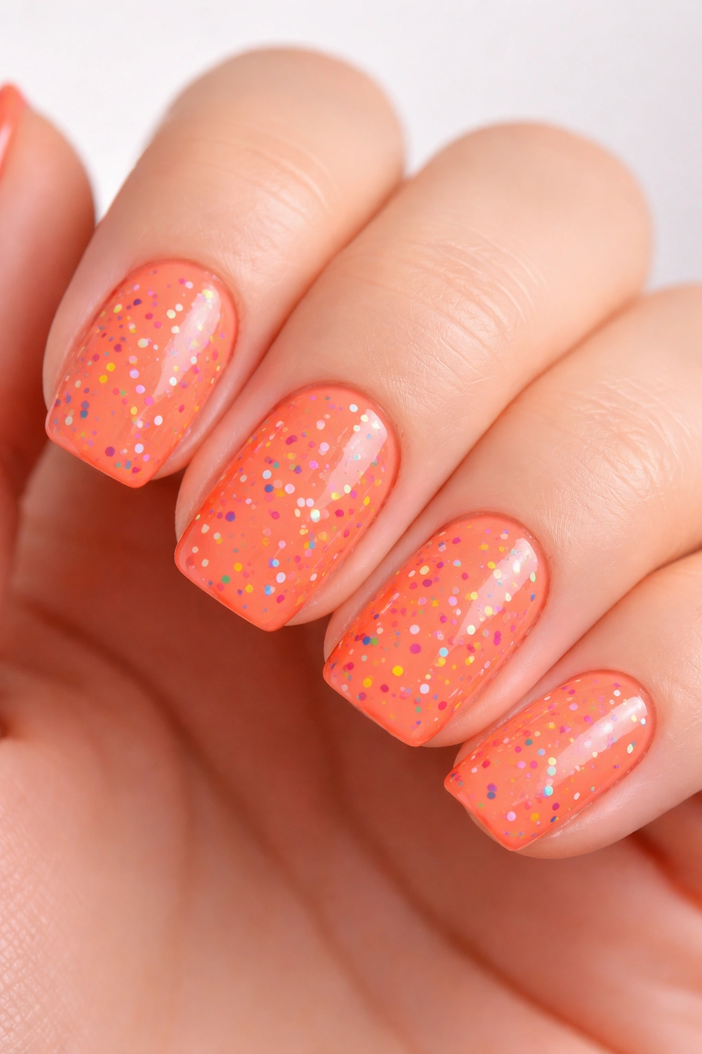 Close-up of coral orange nails with multi-color rainbow confetti flecks