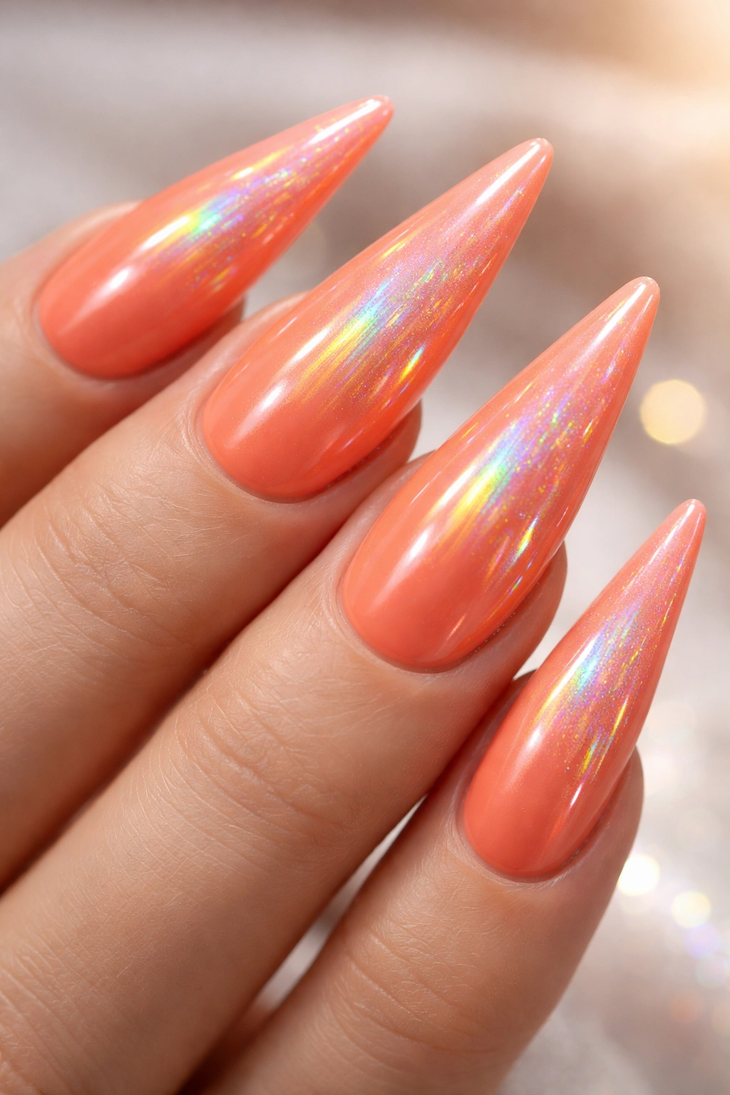 Close-up of coral orange stiletto nails with holographic accents.