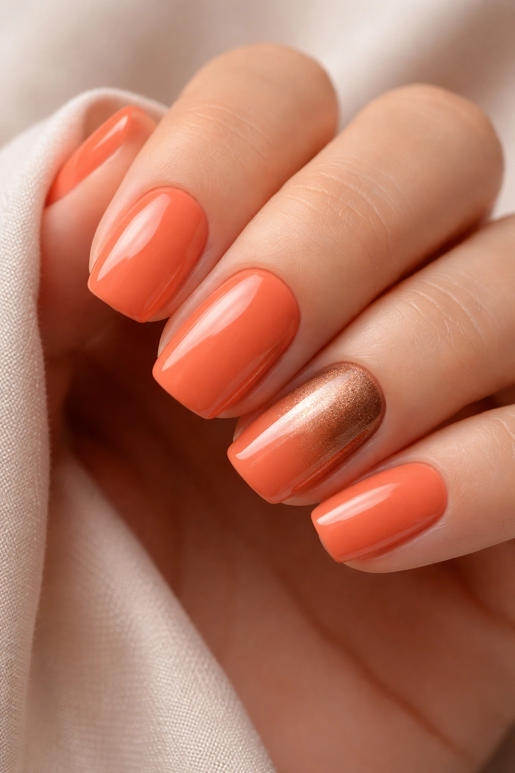 Close-up of short squoval nails in coral orange with bronze accent on the accent nail