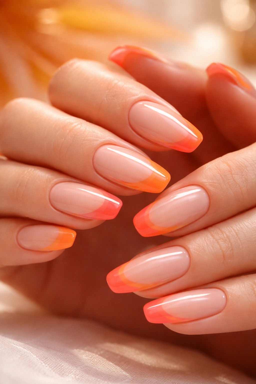 Two-tone coral and orange French tip nails on neutral base