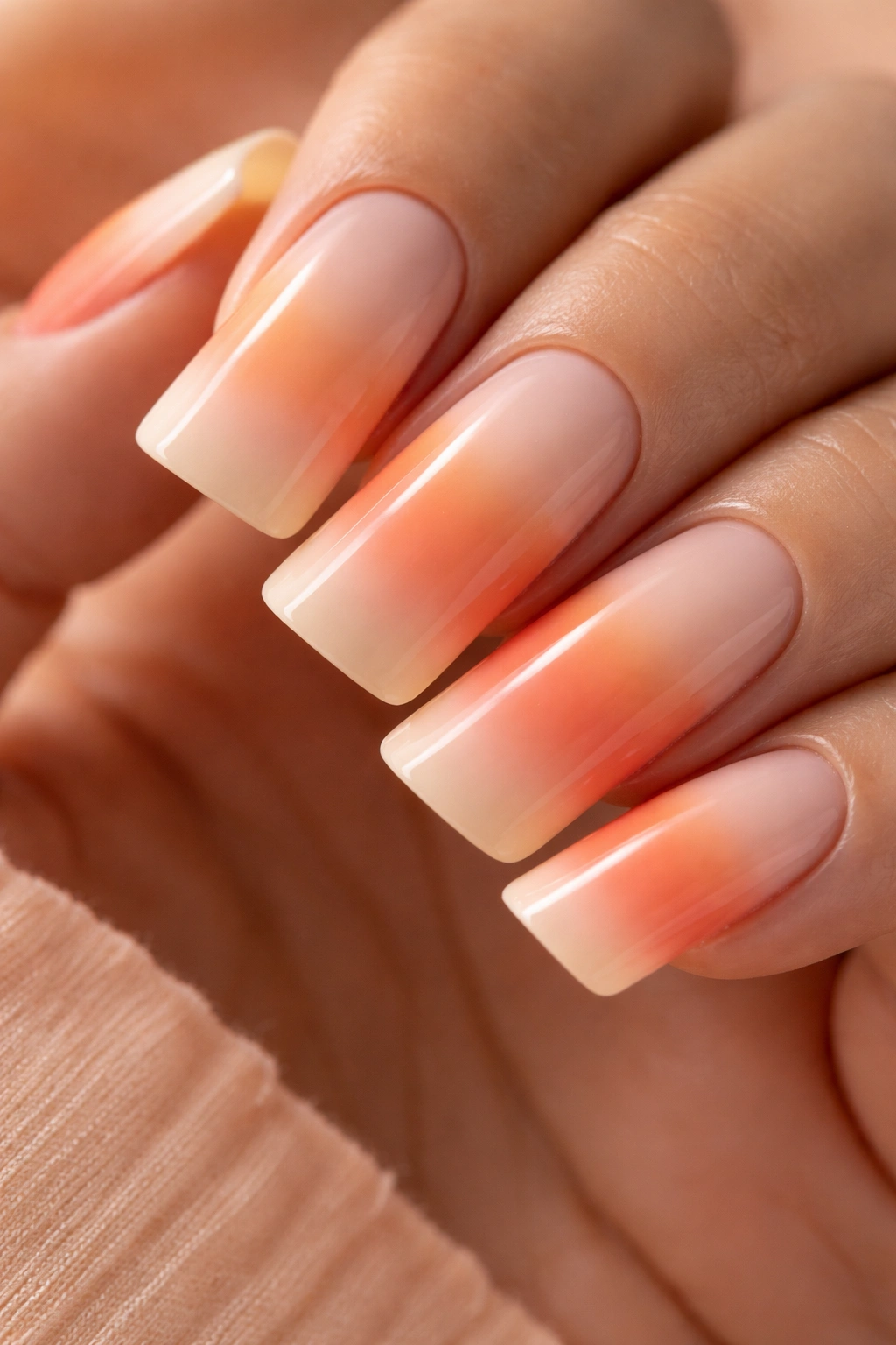 Nails showing coral, peach, and cream tri-tone ombre in a warm gradient