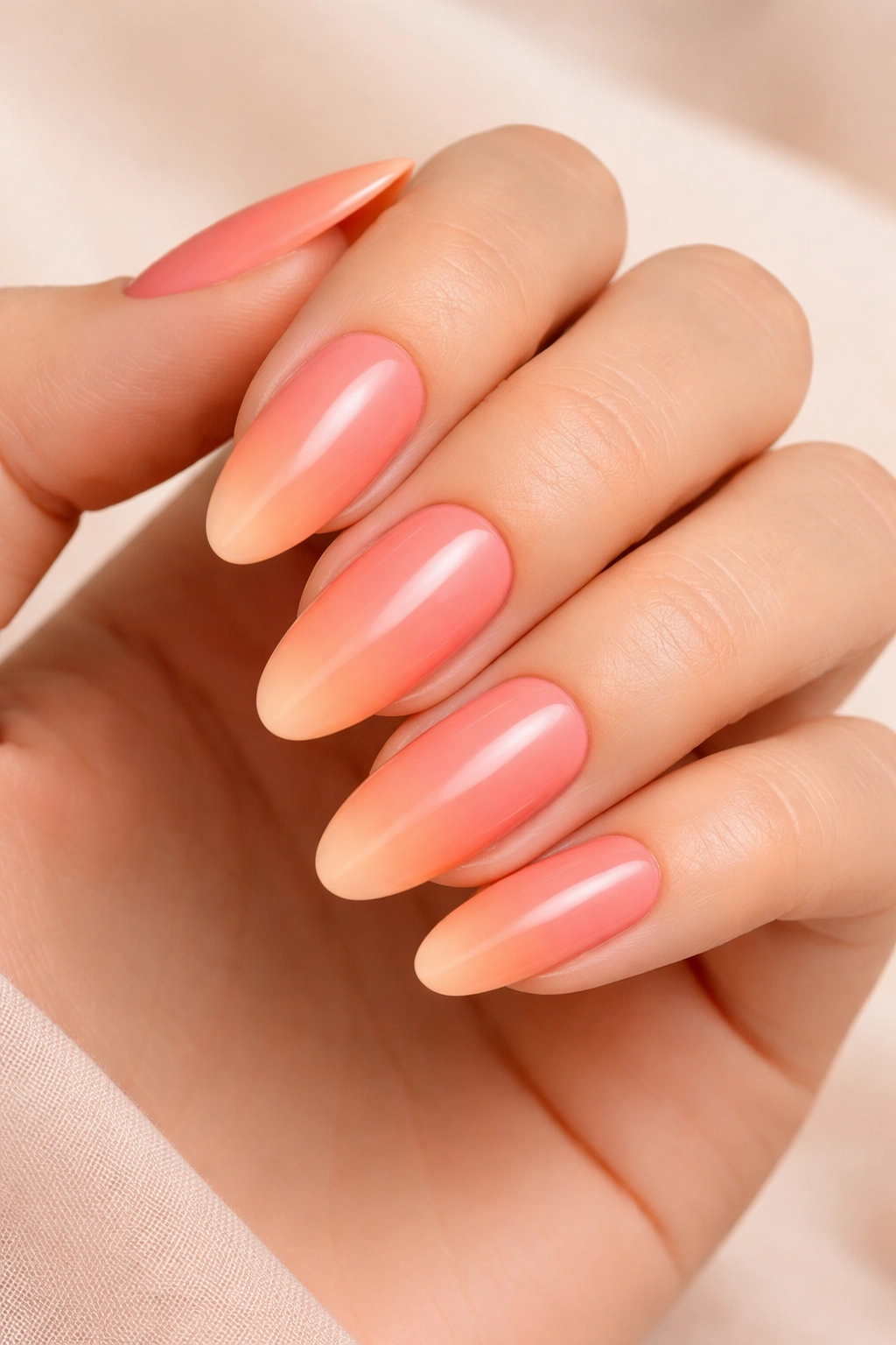 Long oval nails with coral to peach gradient