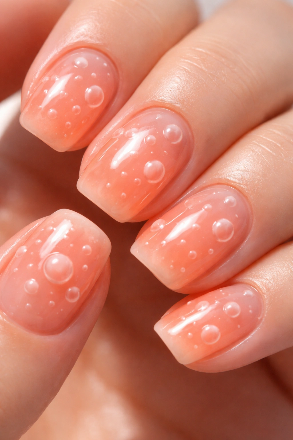 Close-up of coral-peach jelly nails with floating white bubbles under the surface
