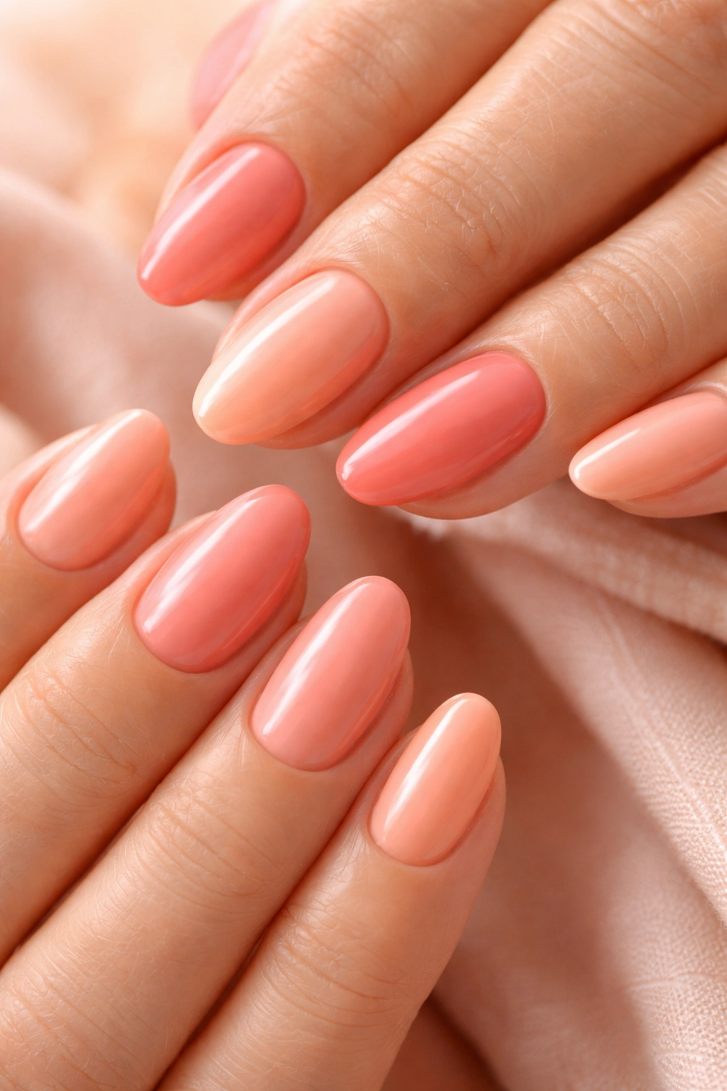 Close-up of hands with coral and peach nails