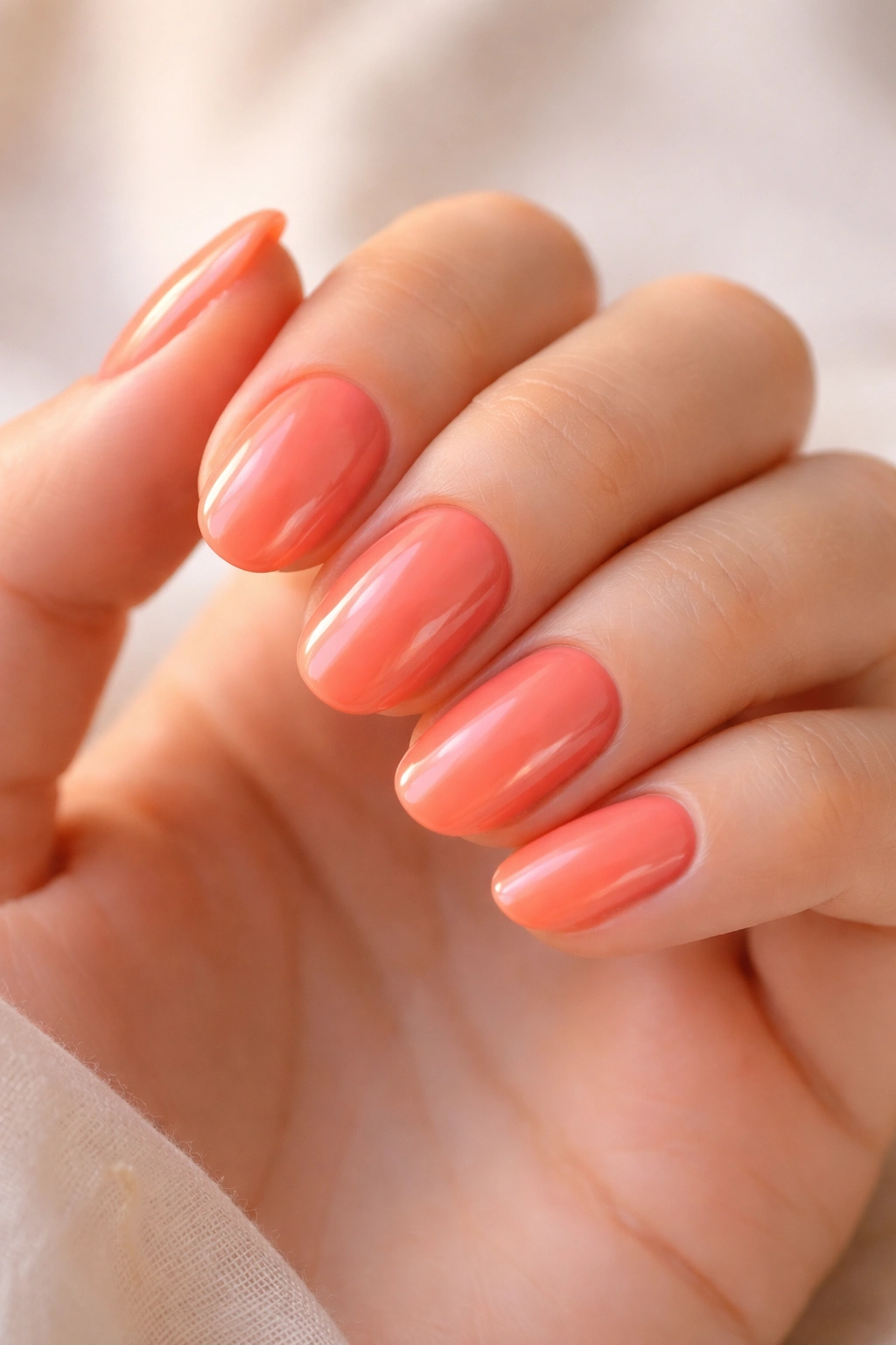 Close-up of short oval coral peach nails with glossy shine