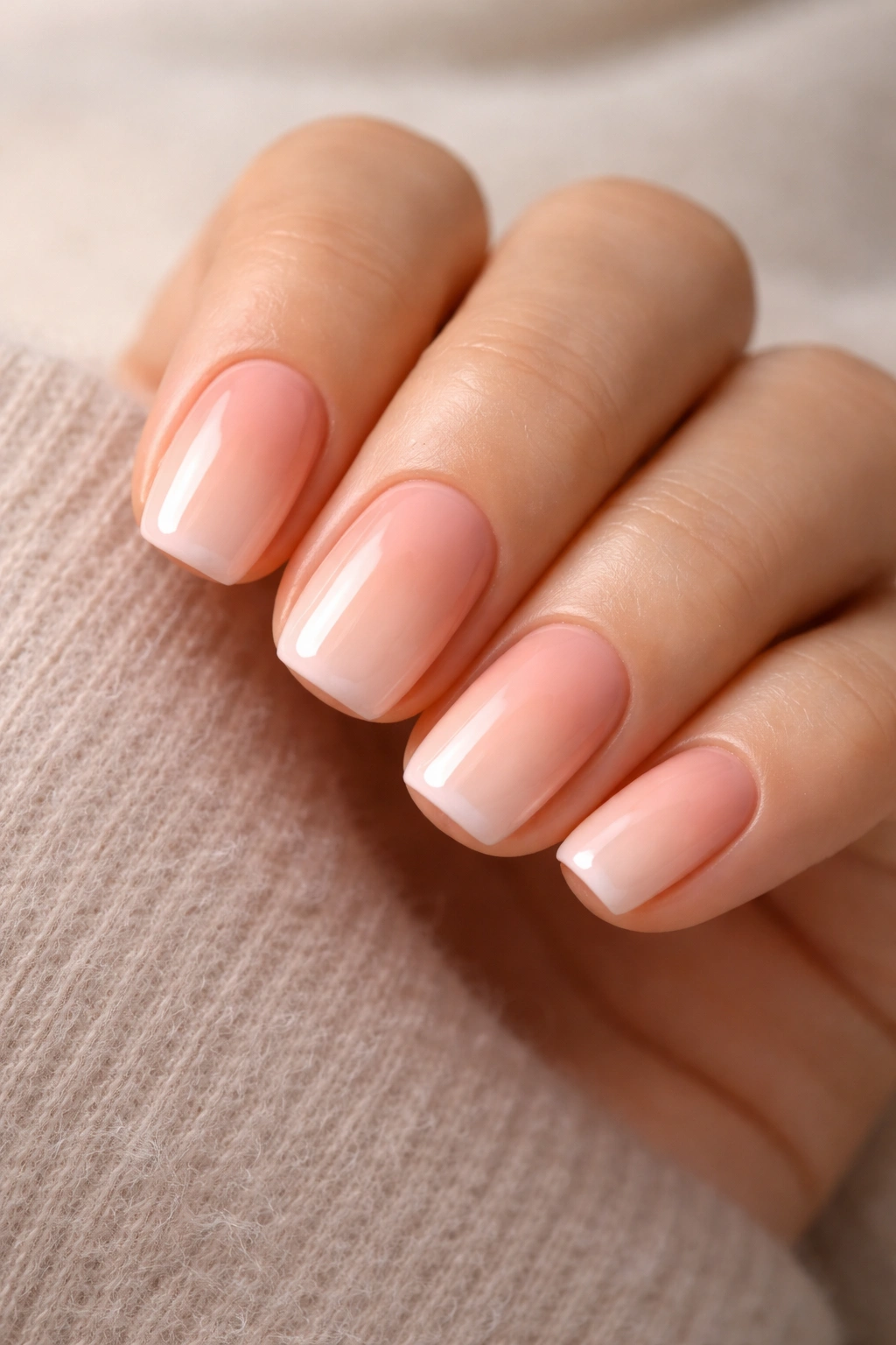 Close-up of short squoval nails with peachy base, coral tips and barely pink edge