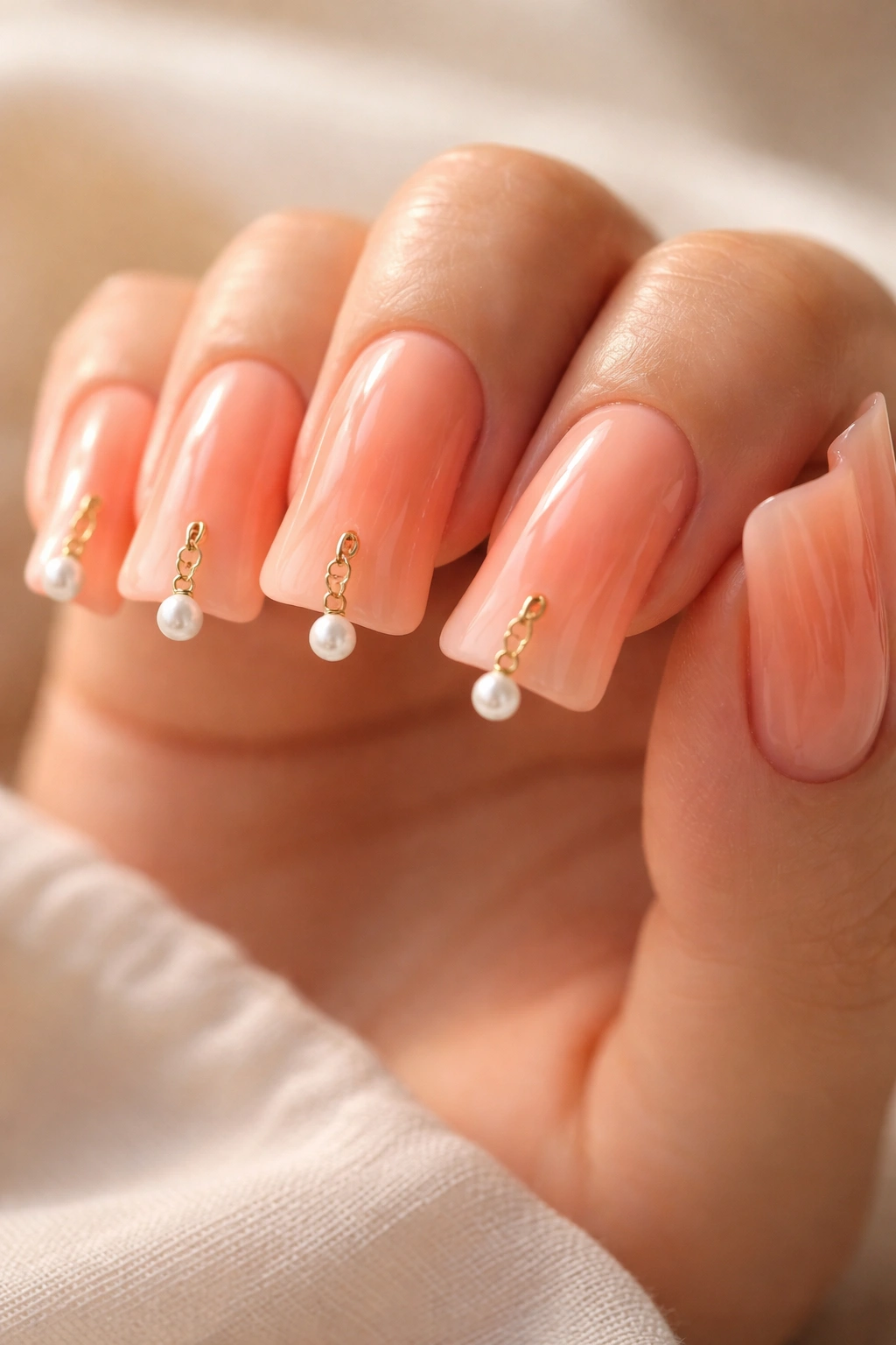 Close-up of coral peach duck nails with tiny pearl charms on a hand