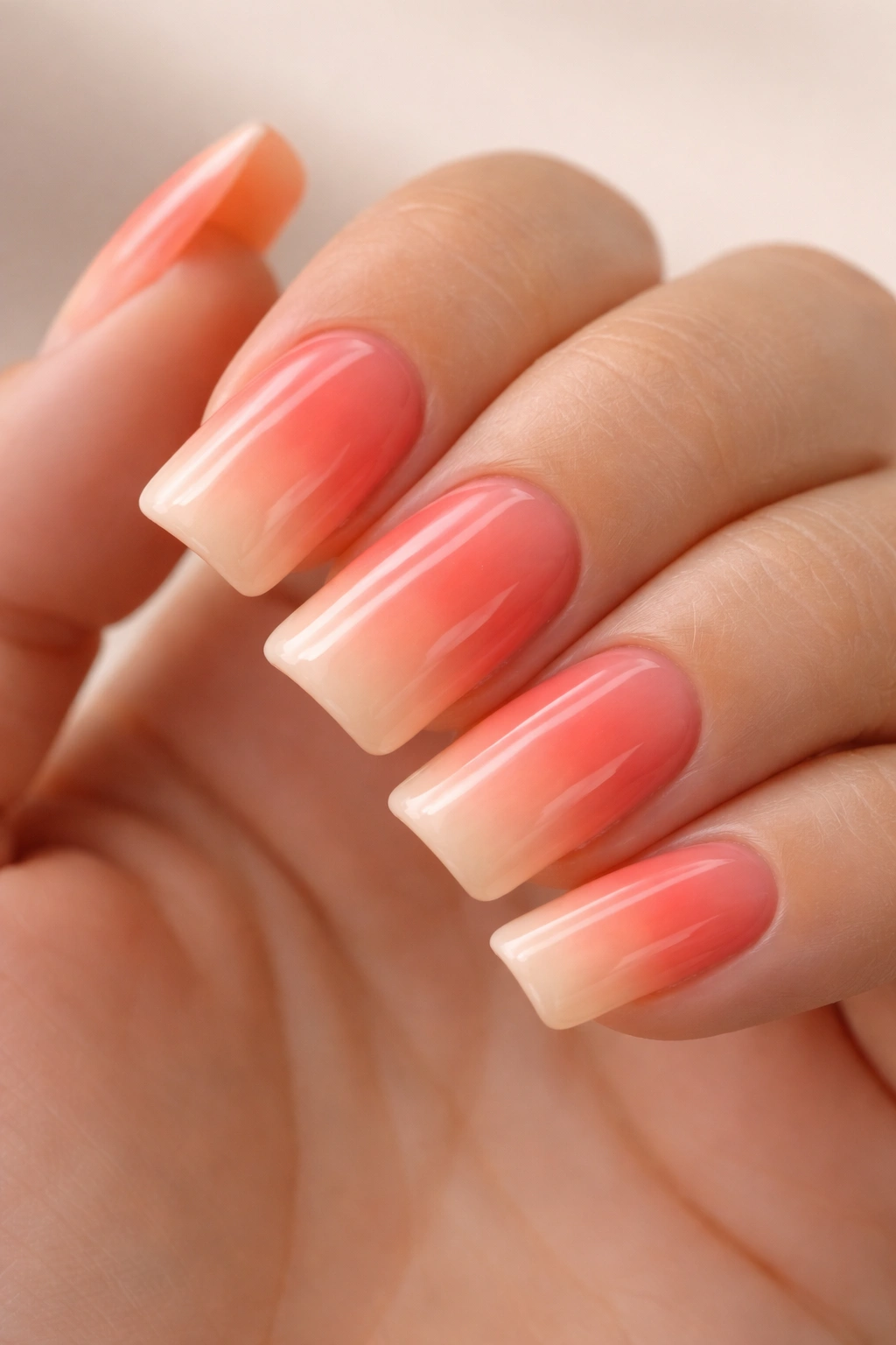 Close-up of short duck nails with coral to peach ombré gradient