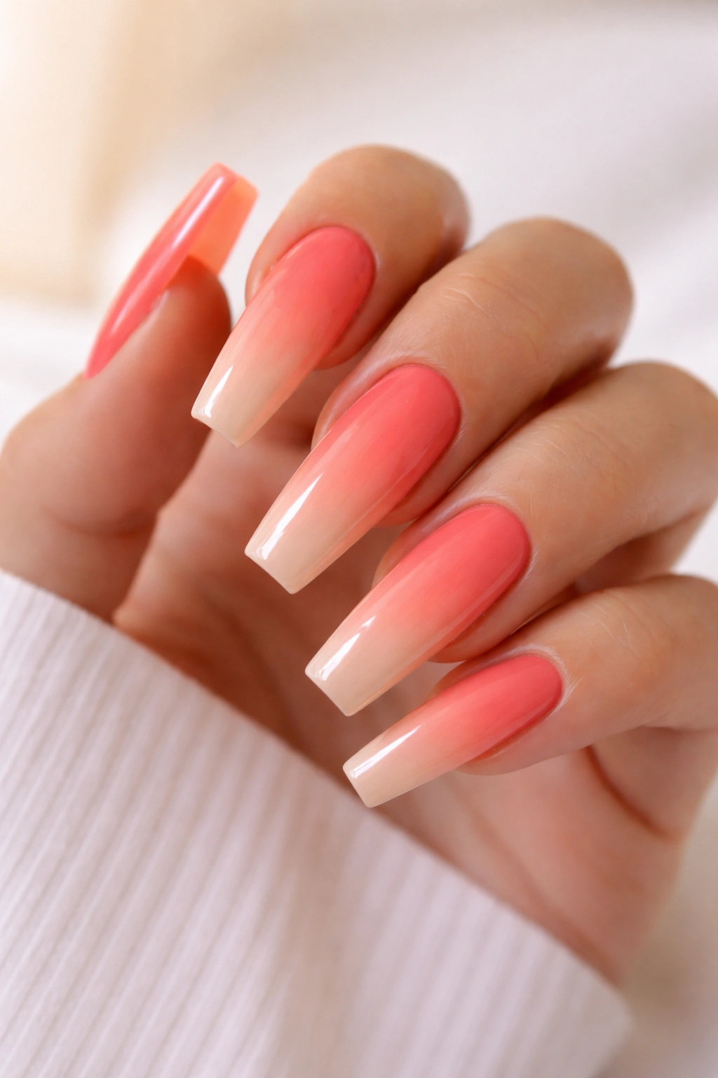 Close-up of long coffin nails in coral-to-peach ombre with glossy finish on a neutral backdrop