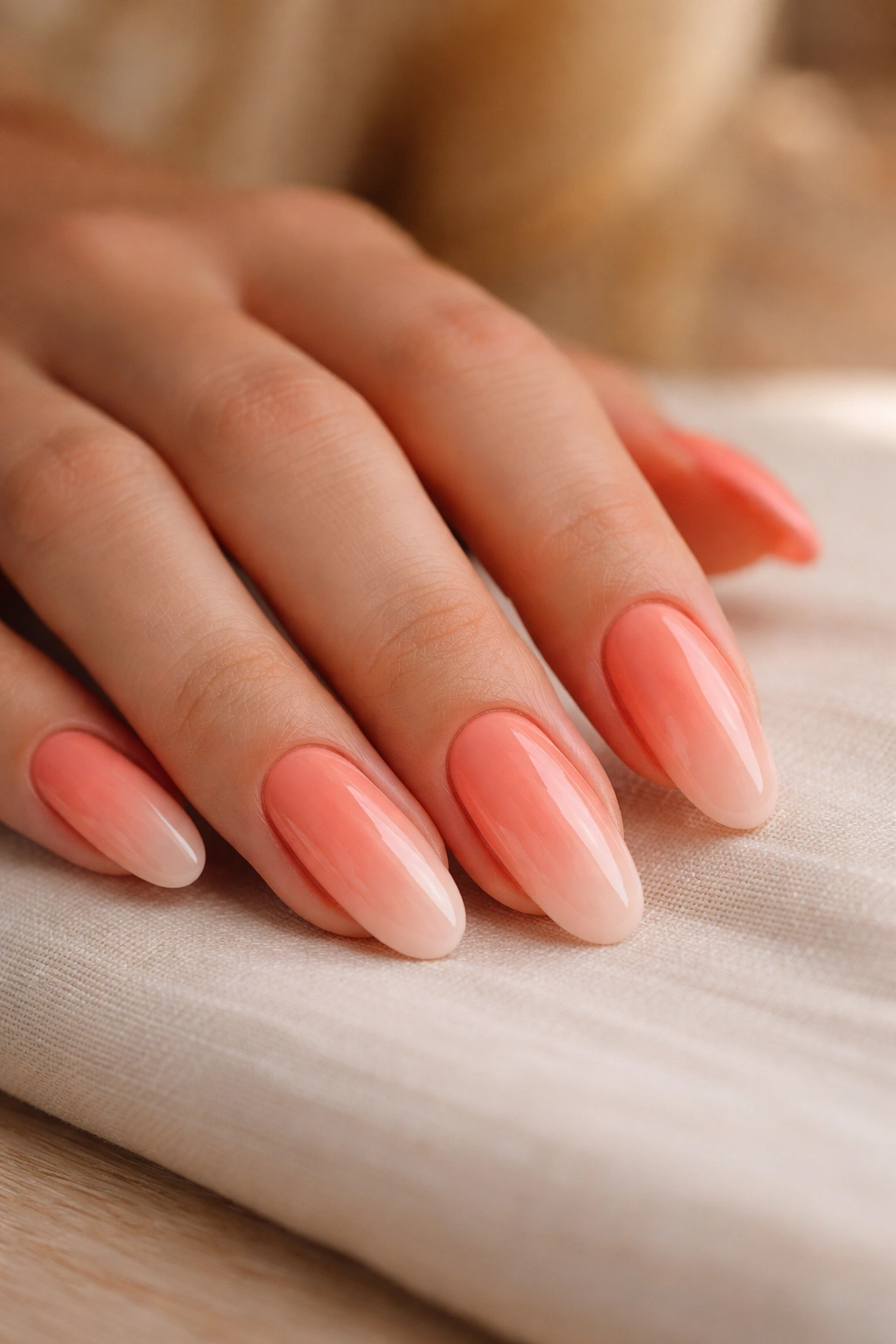 Long oval nails blending creamy coral into pale peach in warm lighting