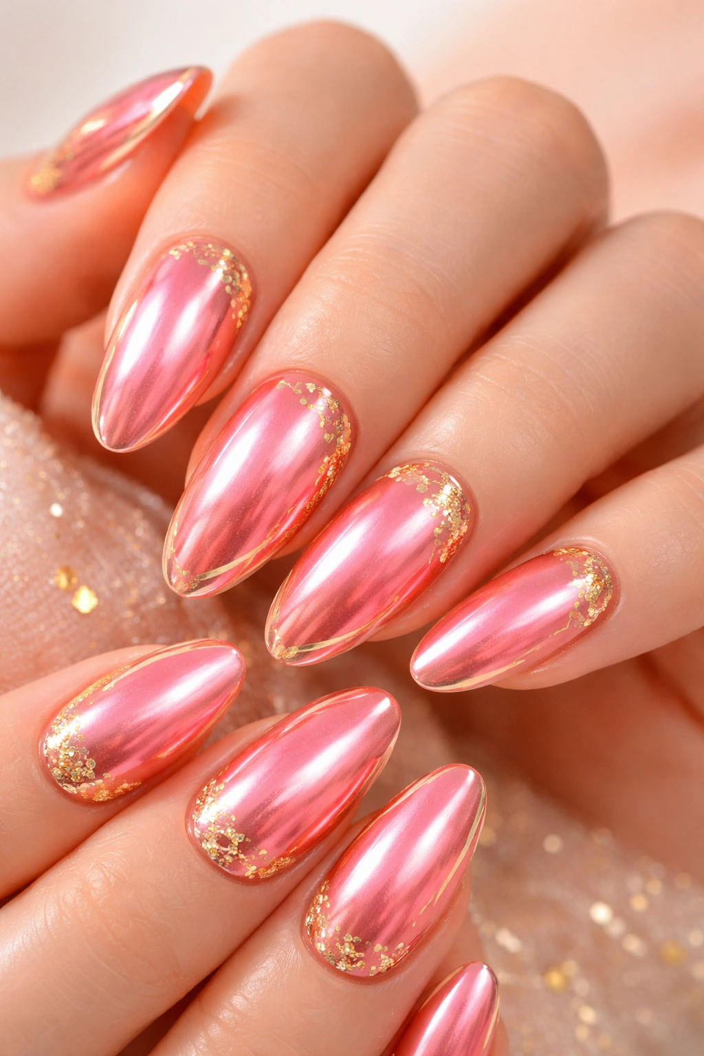 Coral pink chrome nails with gold accents