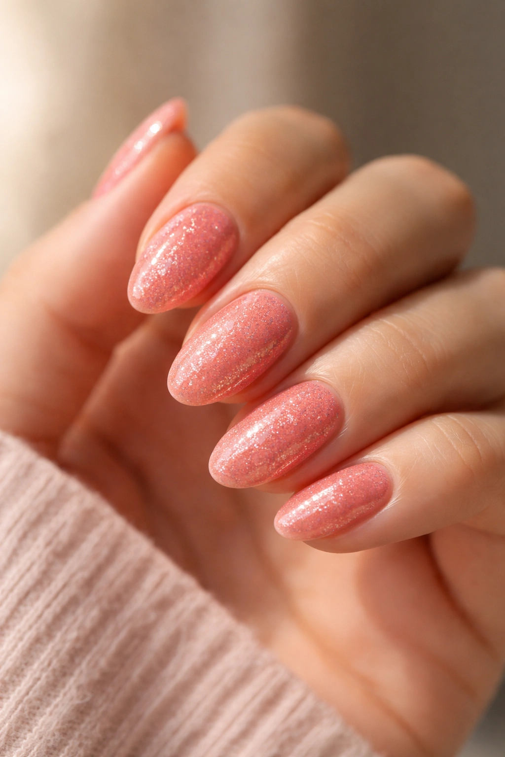 Close-up of short almond nails covered in coral-pink glitter on a neutral background