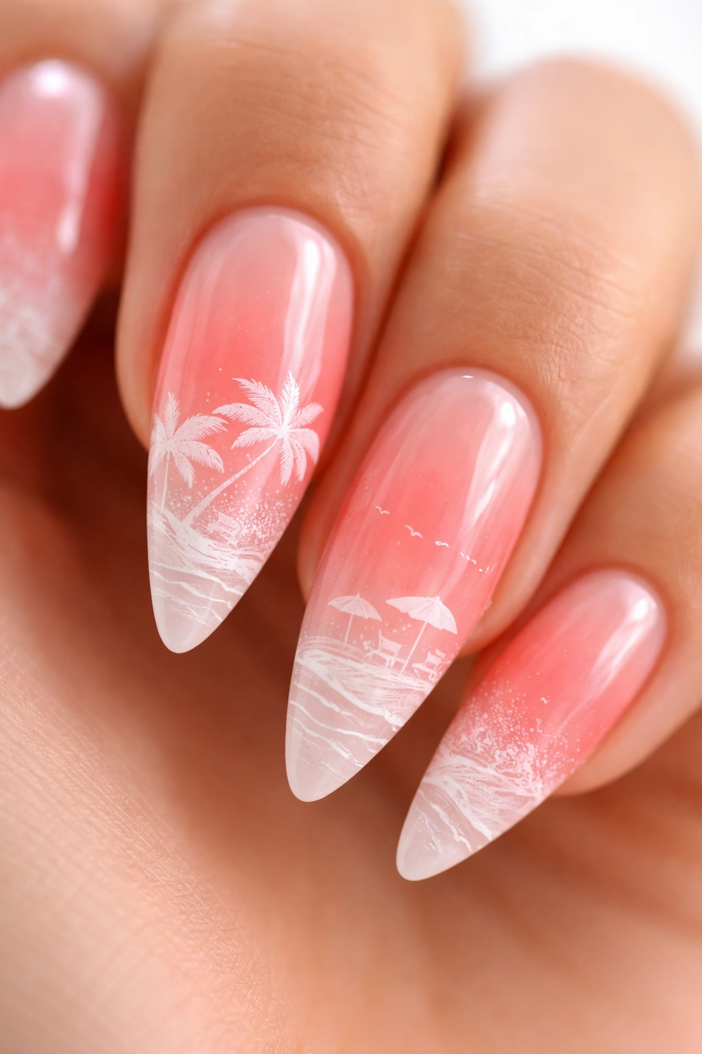 Coral pink gradient stiletto nail with a white beach scene