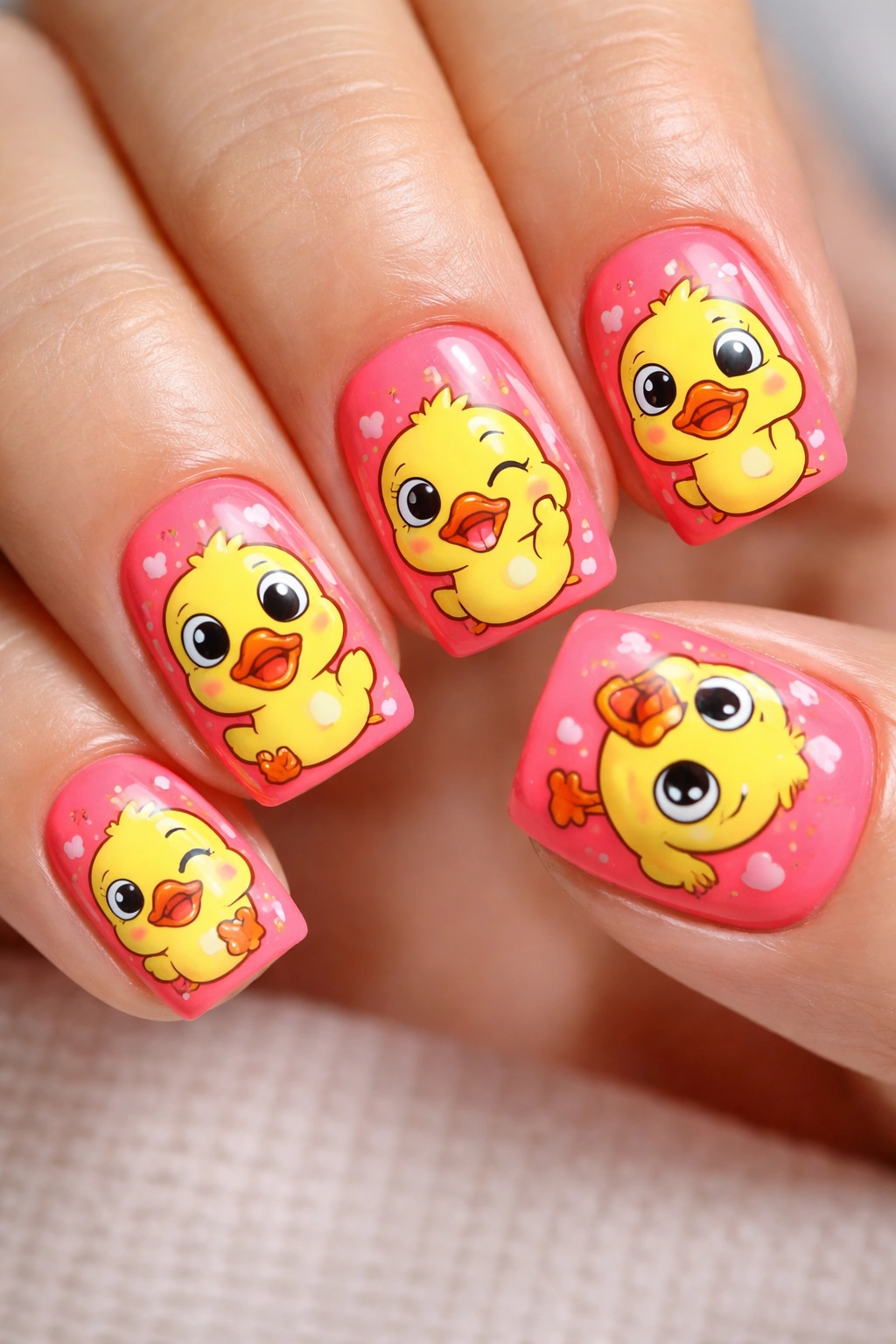 Close-up of short nails with hot coral pink base and yellow duck cartoon designs.