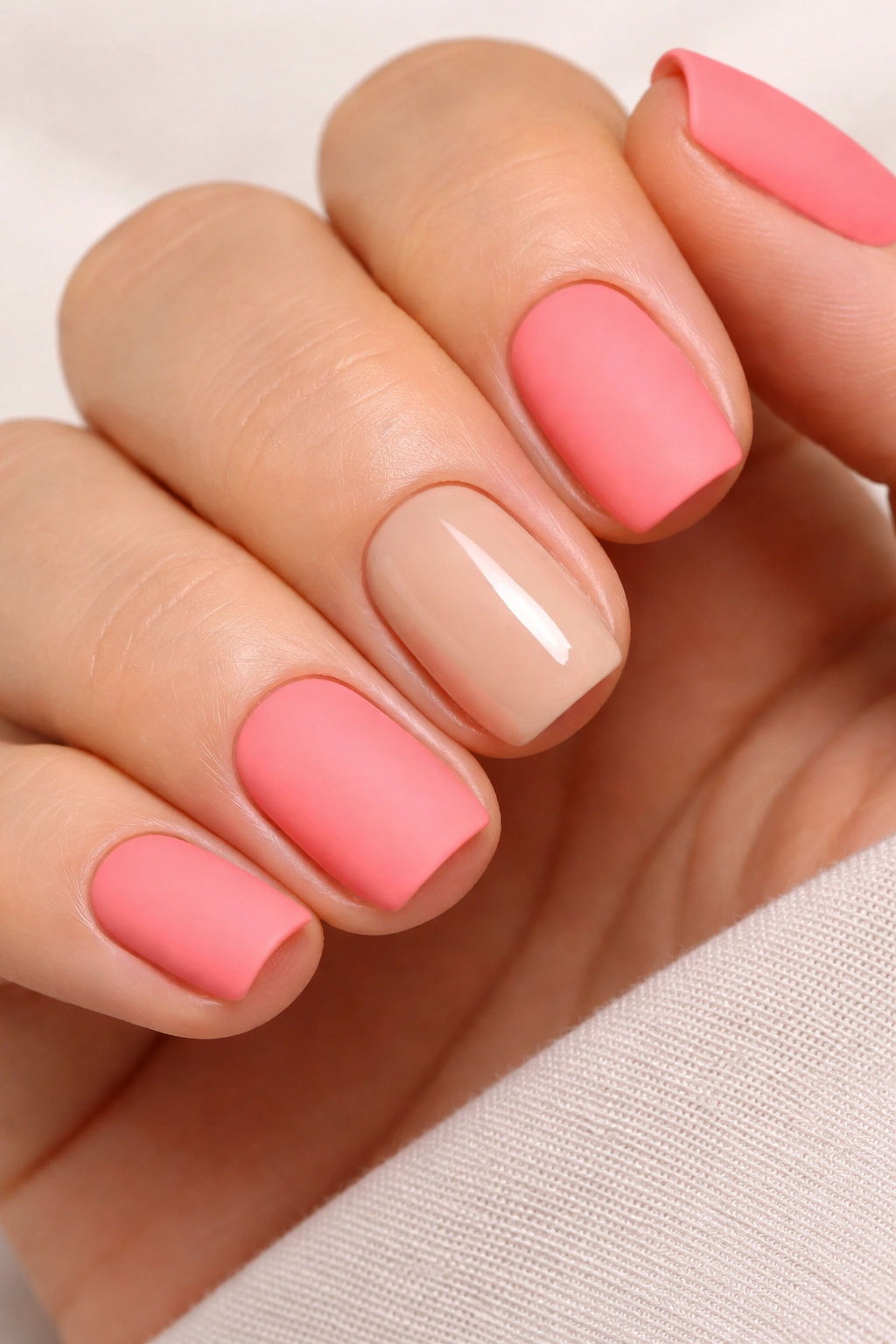 Close-up of coral pink nails with nude accent on ring finger