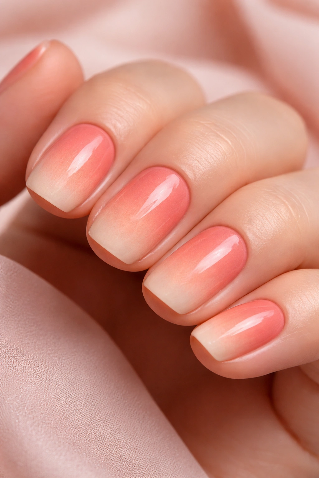 Close-up of coral pink nails with ombre effect on tips