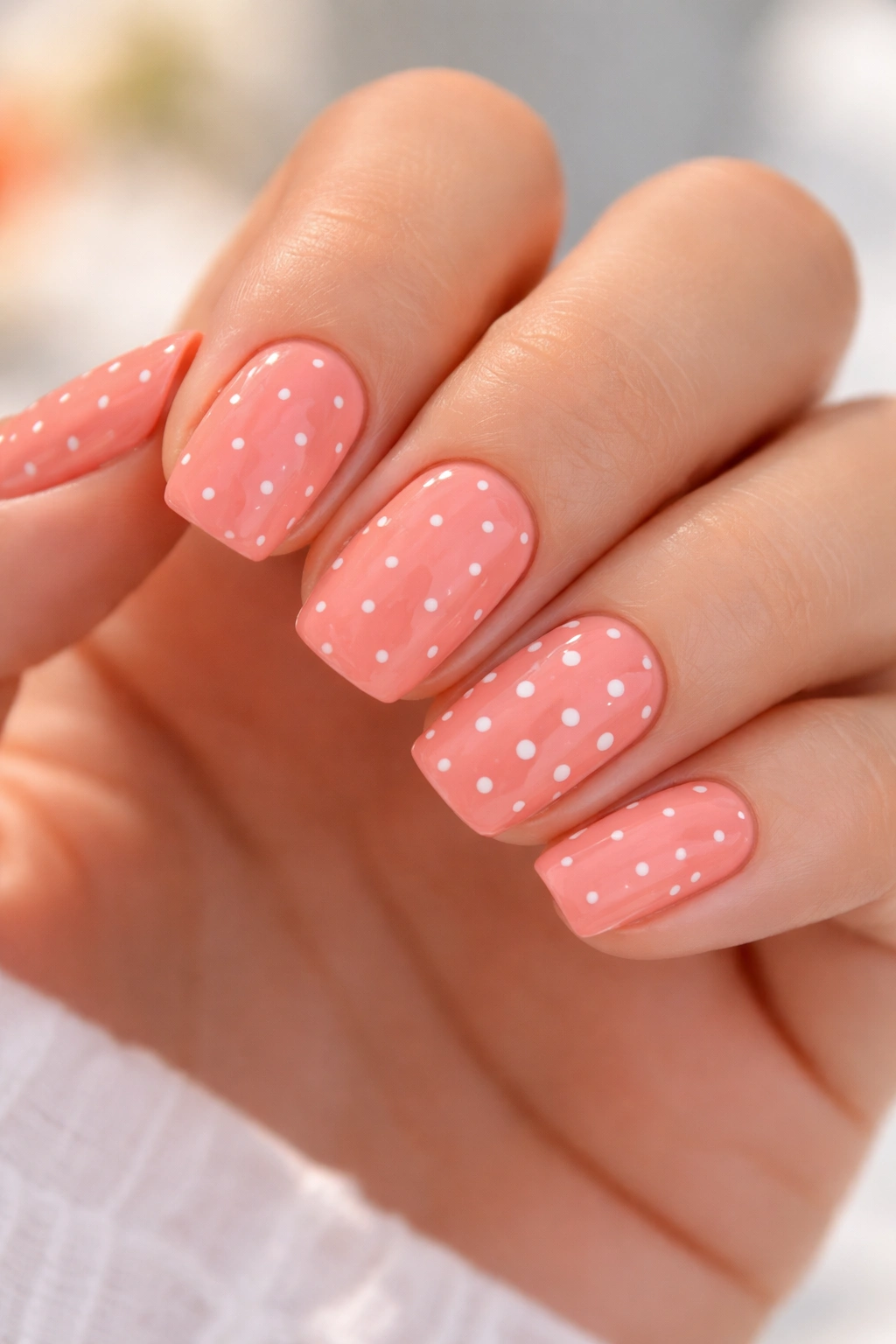 Close-up of coral pink nails with tiny white polka dots