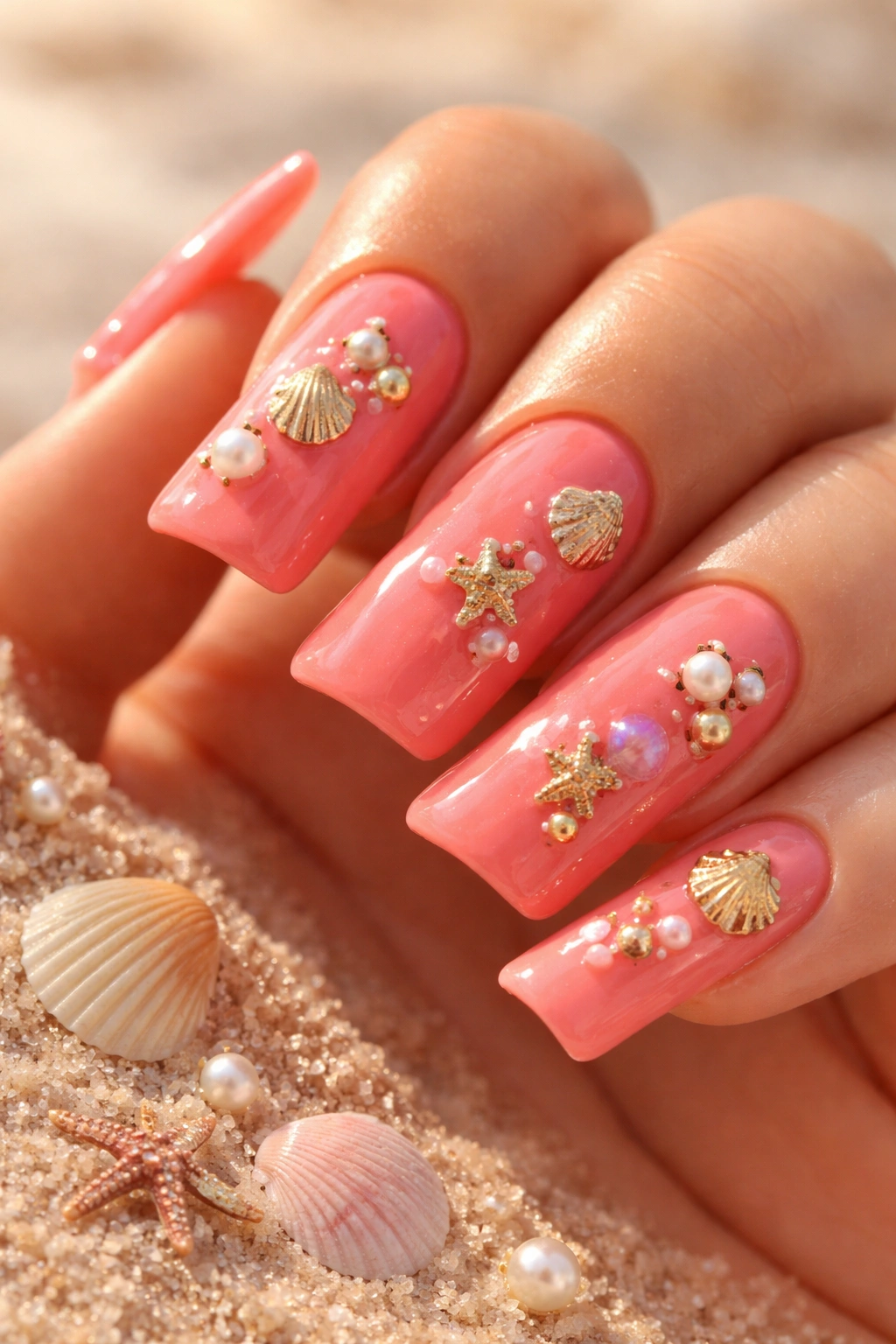 Close-up of coral-pink nail with tiny shell charms on the surface.
