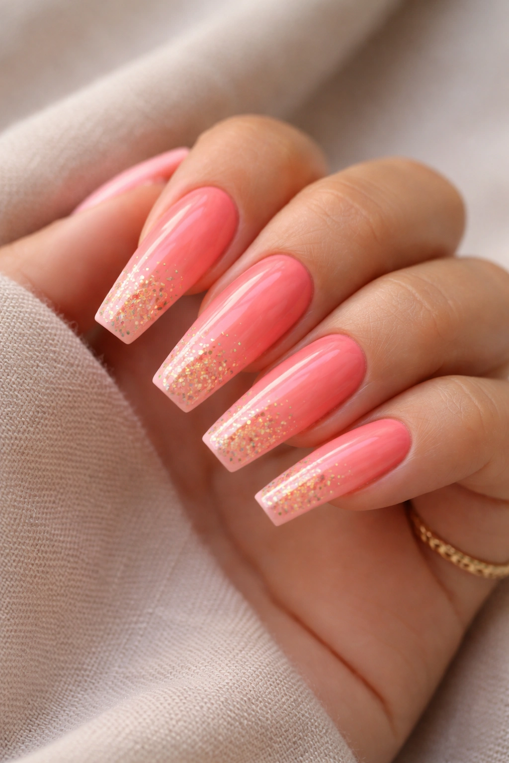 Long coffin nails in coral pink with ombre confetti effect