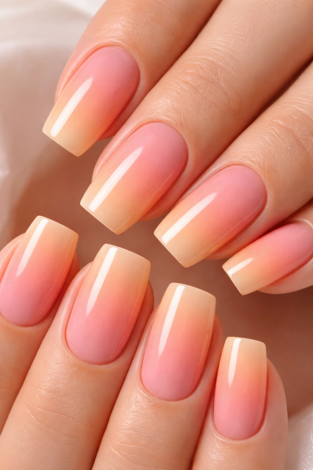 Close-up of coral pink to peach ombré nails