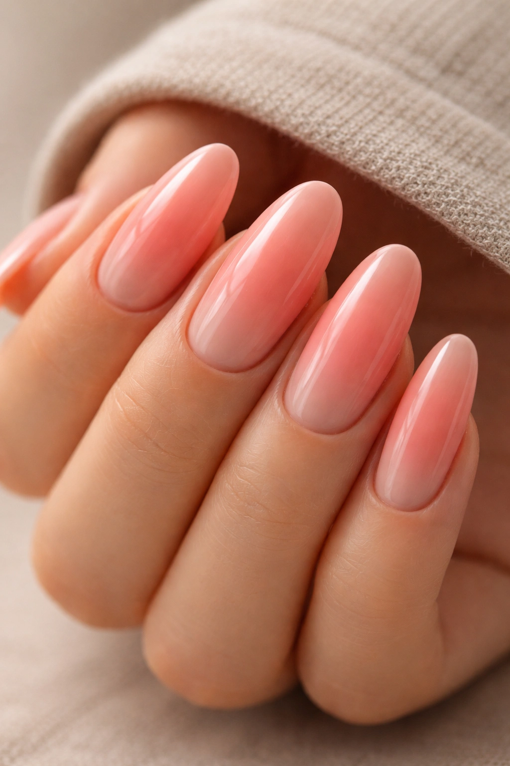 Long oval nails coral pink fading to clear nude with glossy finish