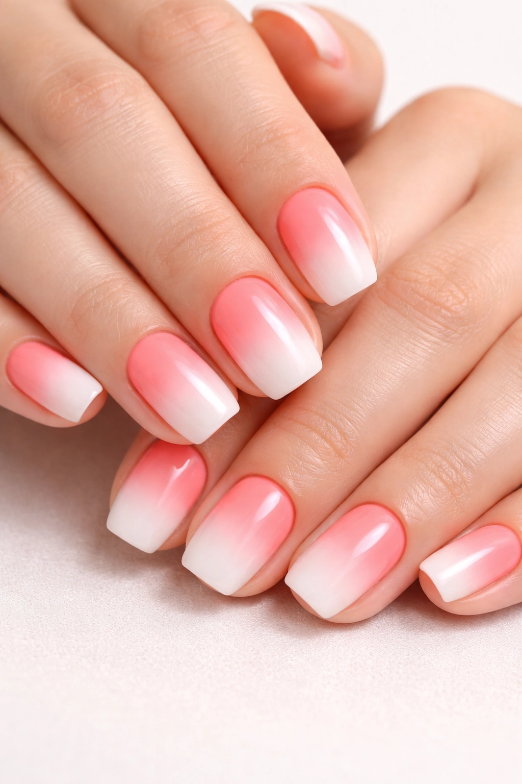 Close-up of short squoval nails with coral-pink to white ombre.