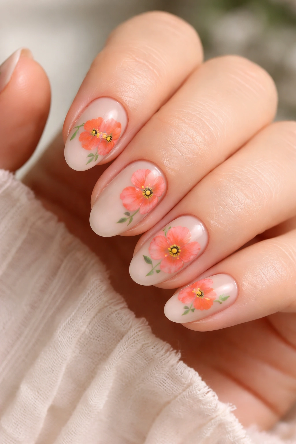 Close-up of short almond nails with coral poppies on a nude base