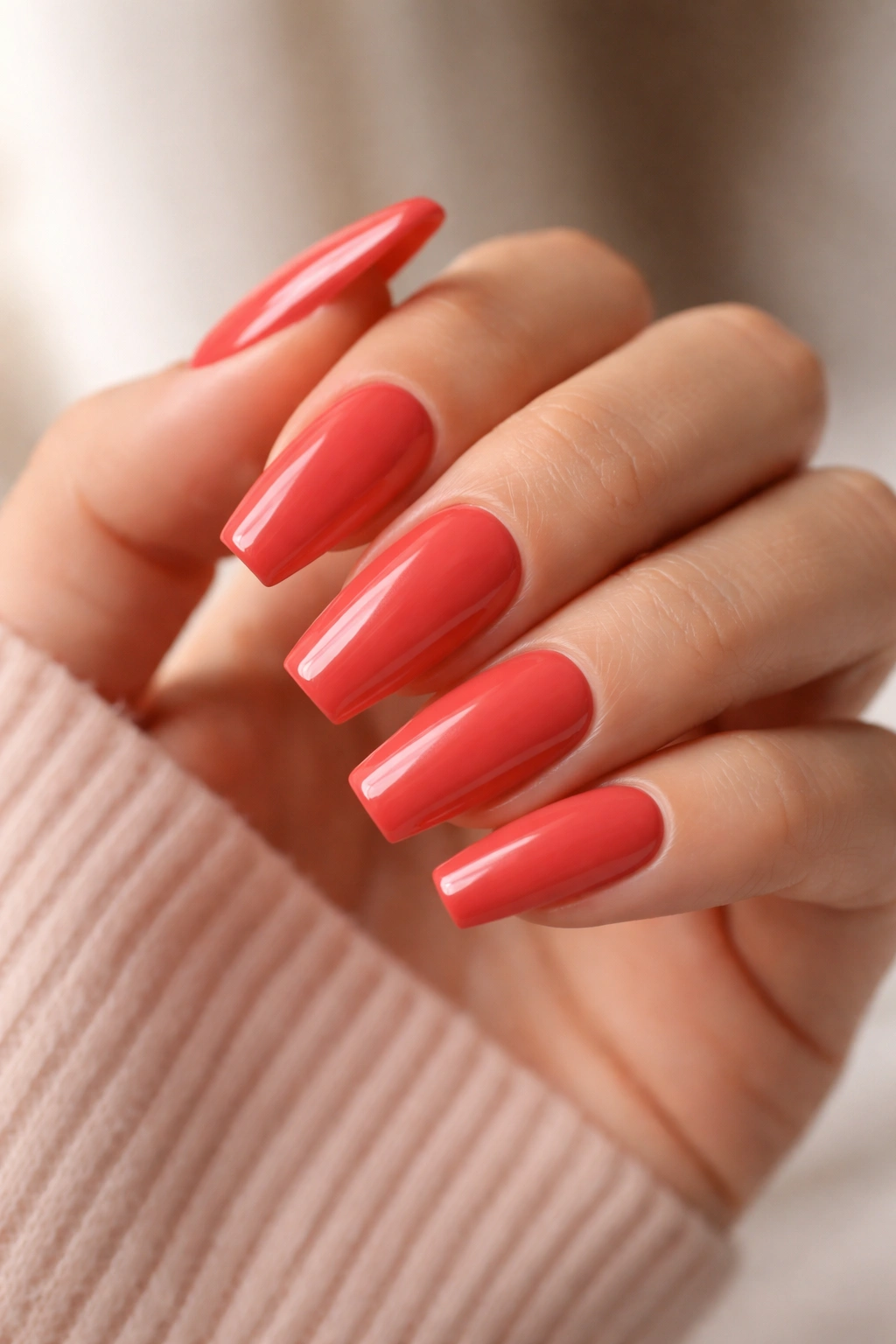 Close-up of warm coral red coffin nails on a hand with a glossy finish