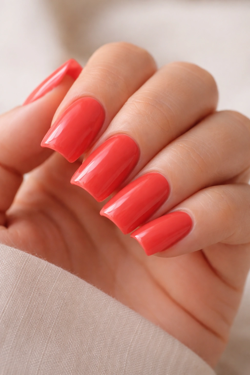 Close-up of coral-red duck nails on short nails with warm coral undertones