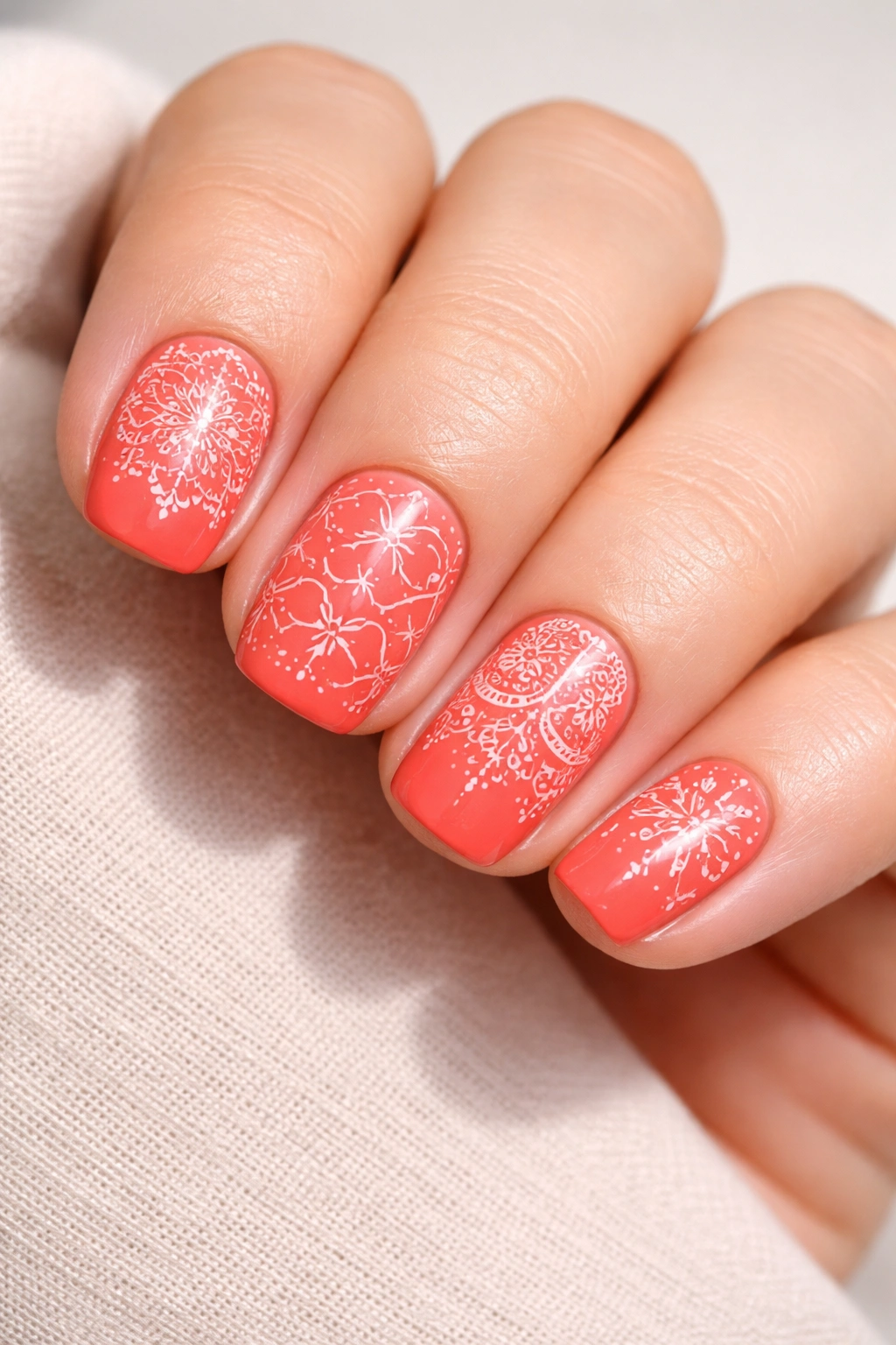 Coral-red nails with stamped pattern on short squoval nails