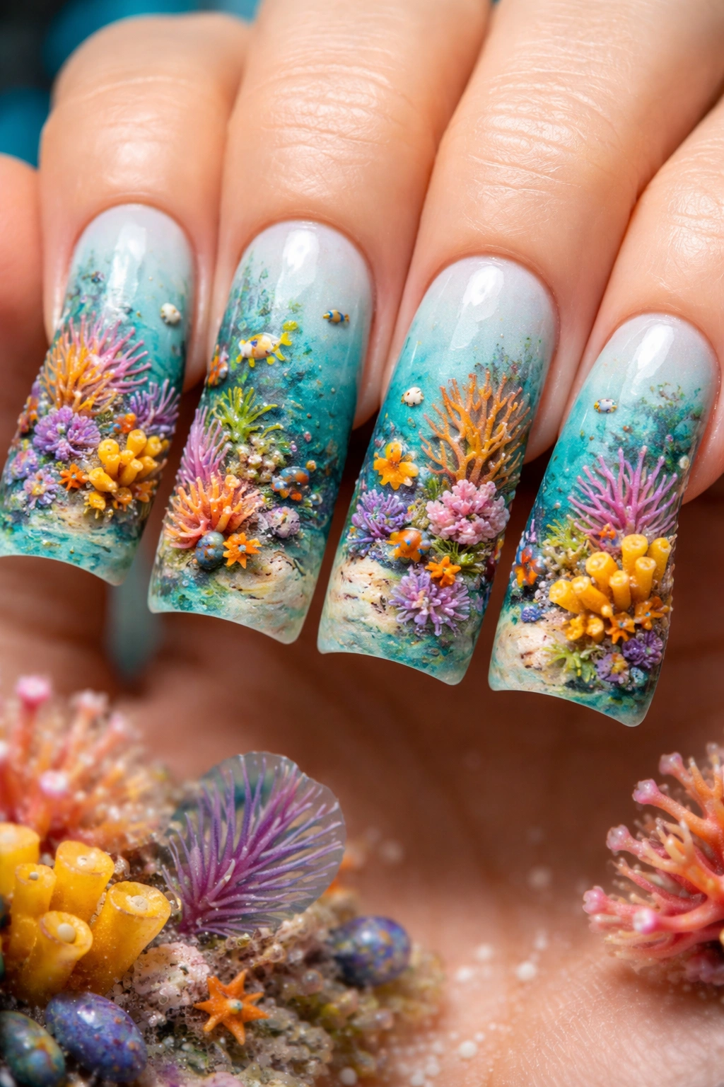 Duck nails painted with coral reef underwater scene