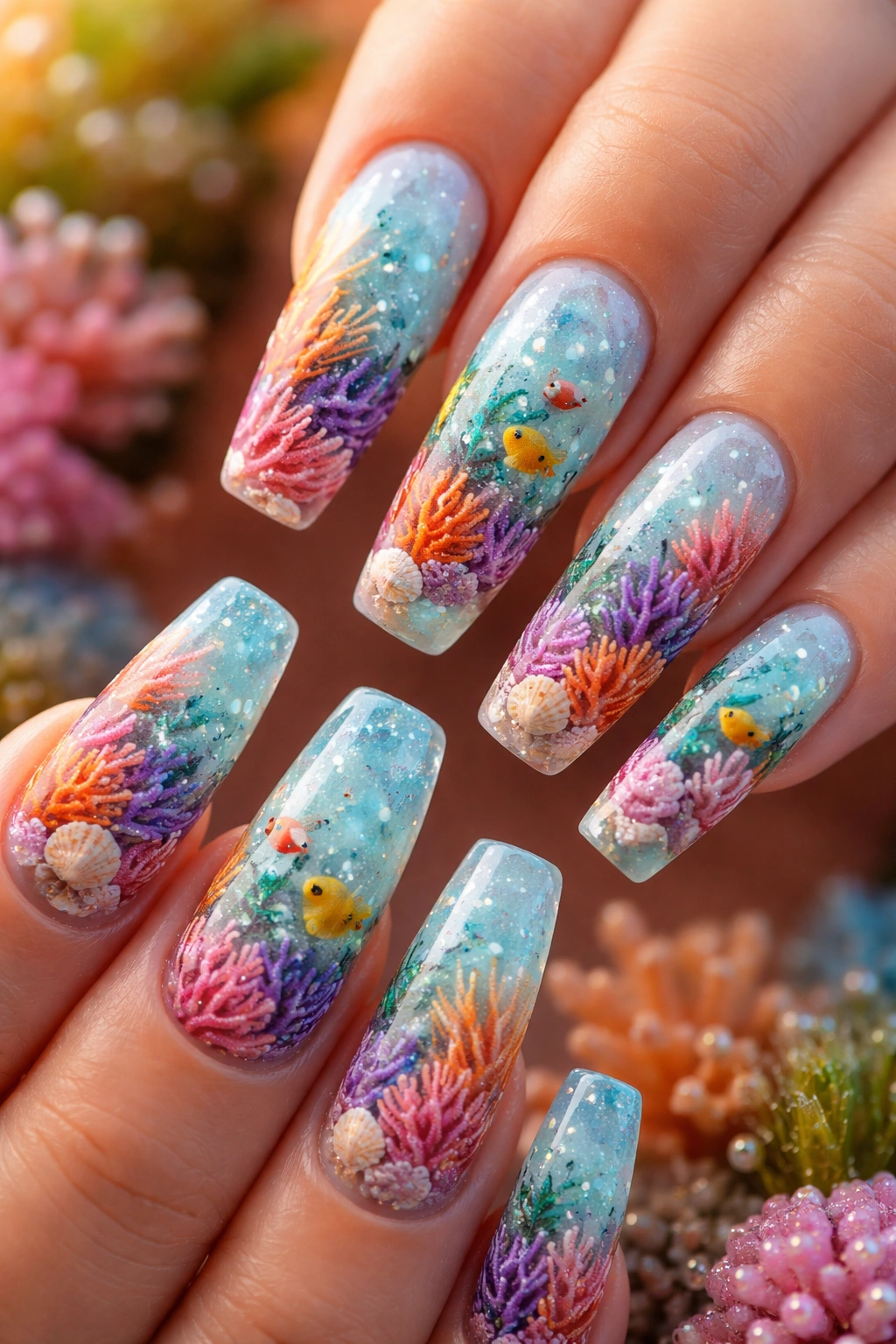 Coffin nails with coral reef patterns on a turquoise water-like base.