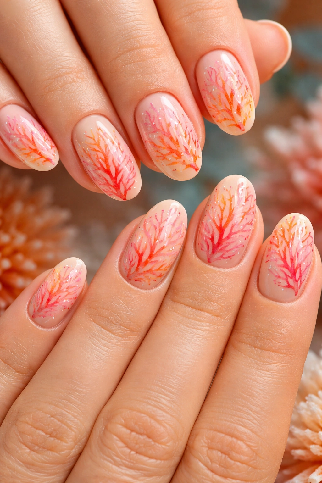 Nails with branching coral patterns in pink and orange tones