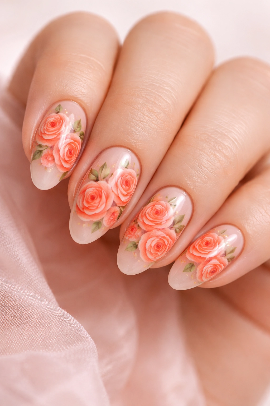 Short almond nails with coral roses on sheer pink base.