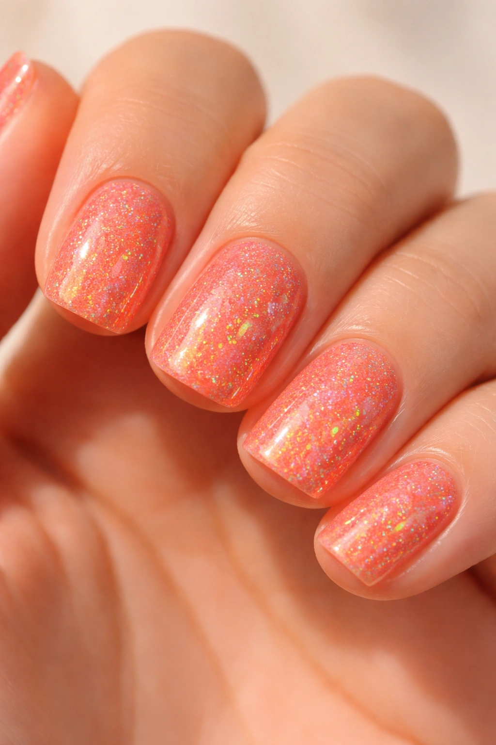 Close-up of short squoval nails in coral shimmer with rainbow flakes