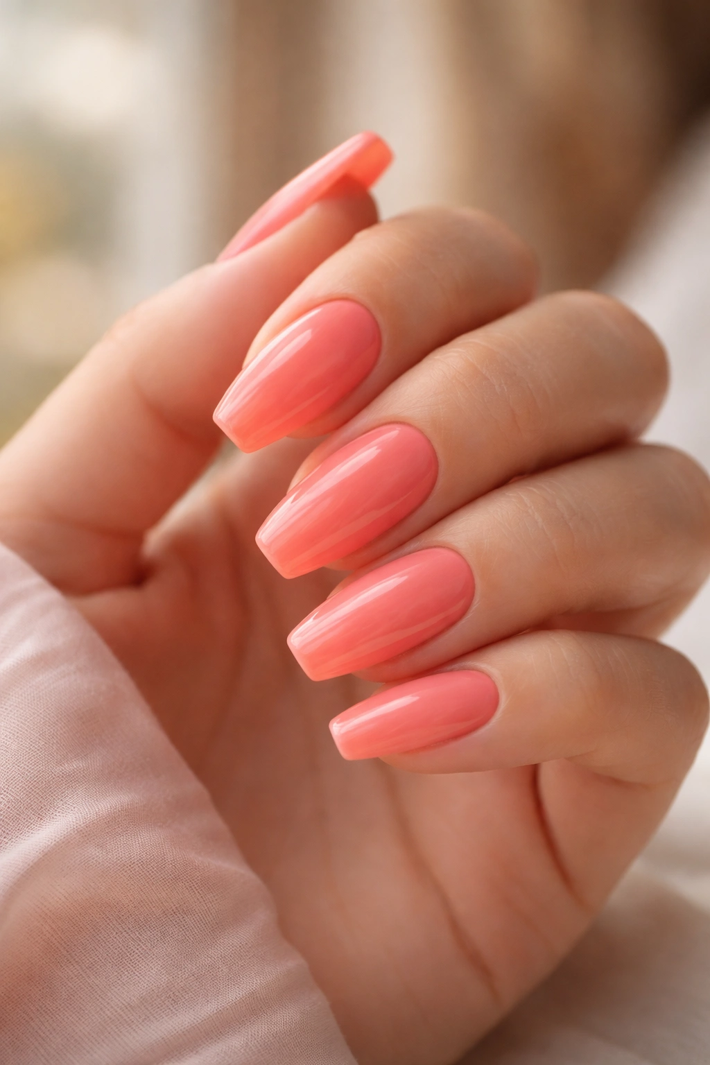 Close-up of coral sorbet glossy ballerina nails in soft daylight